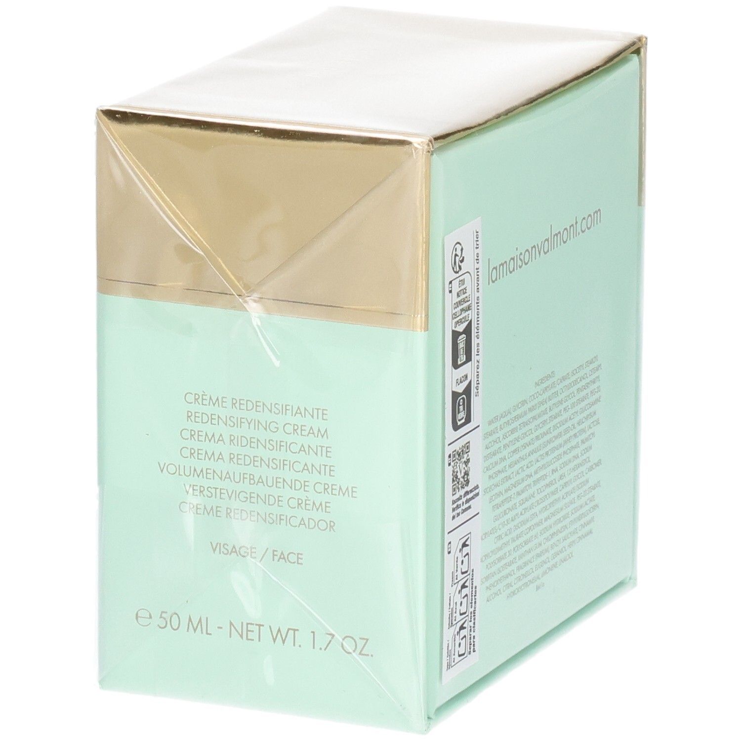 Valmont V-Firm Cream Verpackung, Seite mit mehrsprachigen Produktbezeichnungen und "50 ML - NET WT 1.7 OZ".