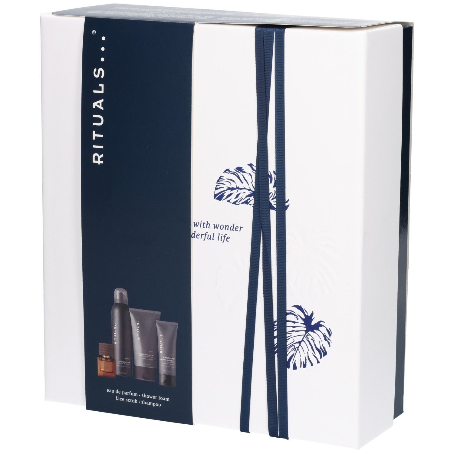 Rituals Homme Set: Duschschaum, Peeling, Shampoo und Eau de Parfum in Geschenkverpackung.