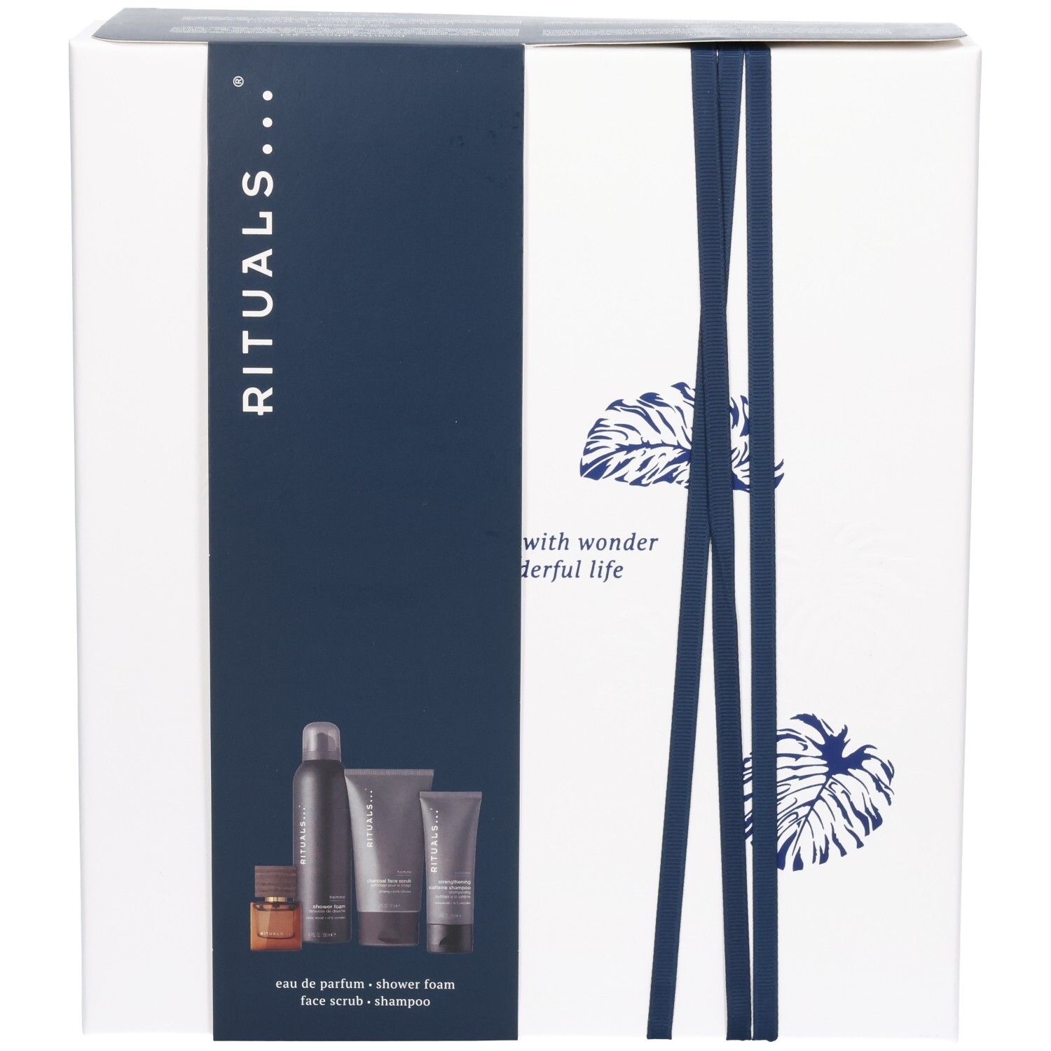 Rituals Homme Set: Duschschaum, Peeling, Shampoo und Eau de Parfum in Geschenkverpackung.