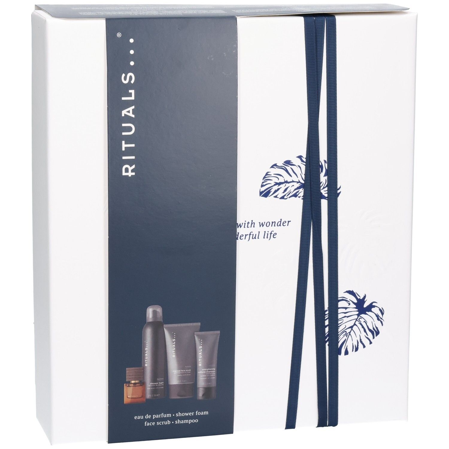Rituals Homme Set: Duschschaum, Peeling, Shampoo und Eau de Parfum in Geschenkverpackung.