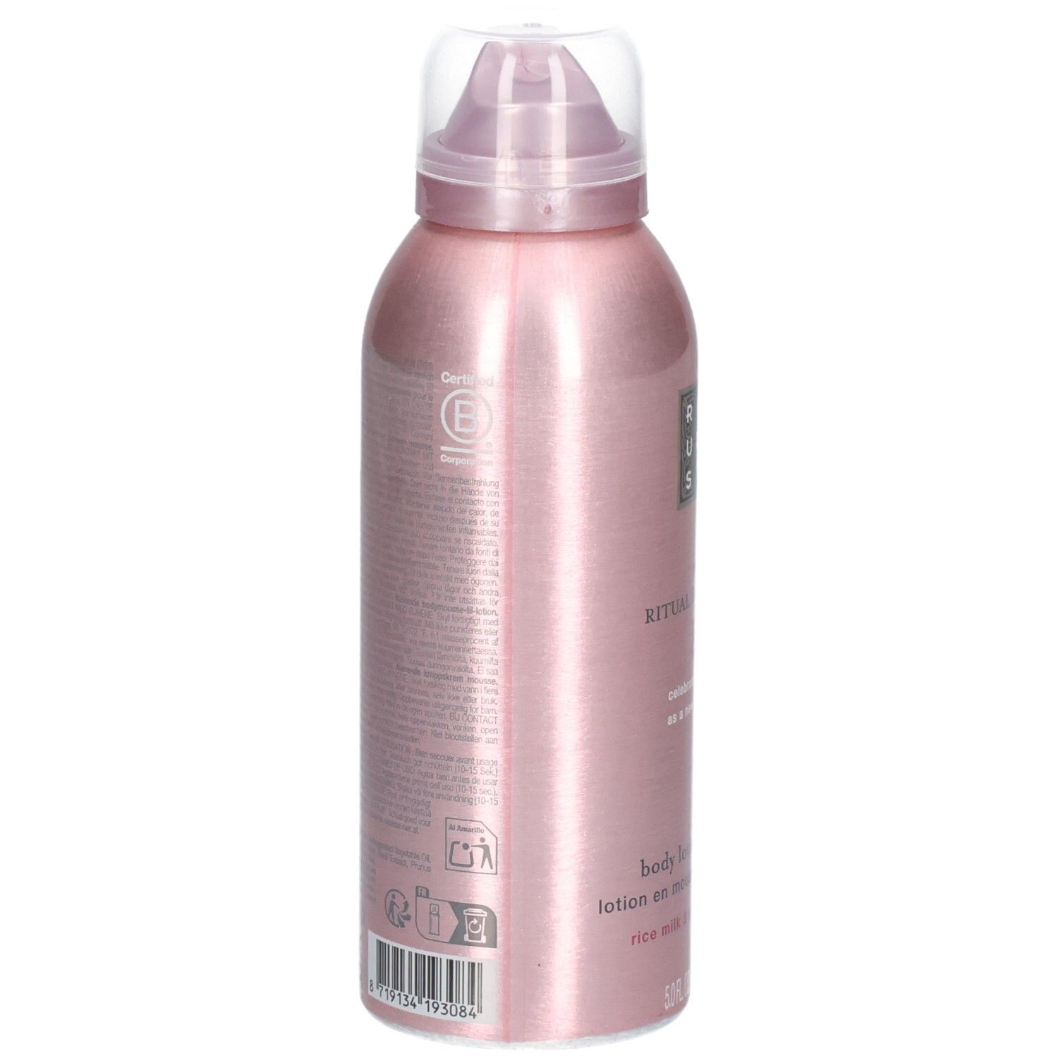 Rückseite der Rituals Sakura Körperlotion Mousse Dose. Enthält Inhaltsstoffe und Zertifizierungen.