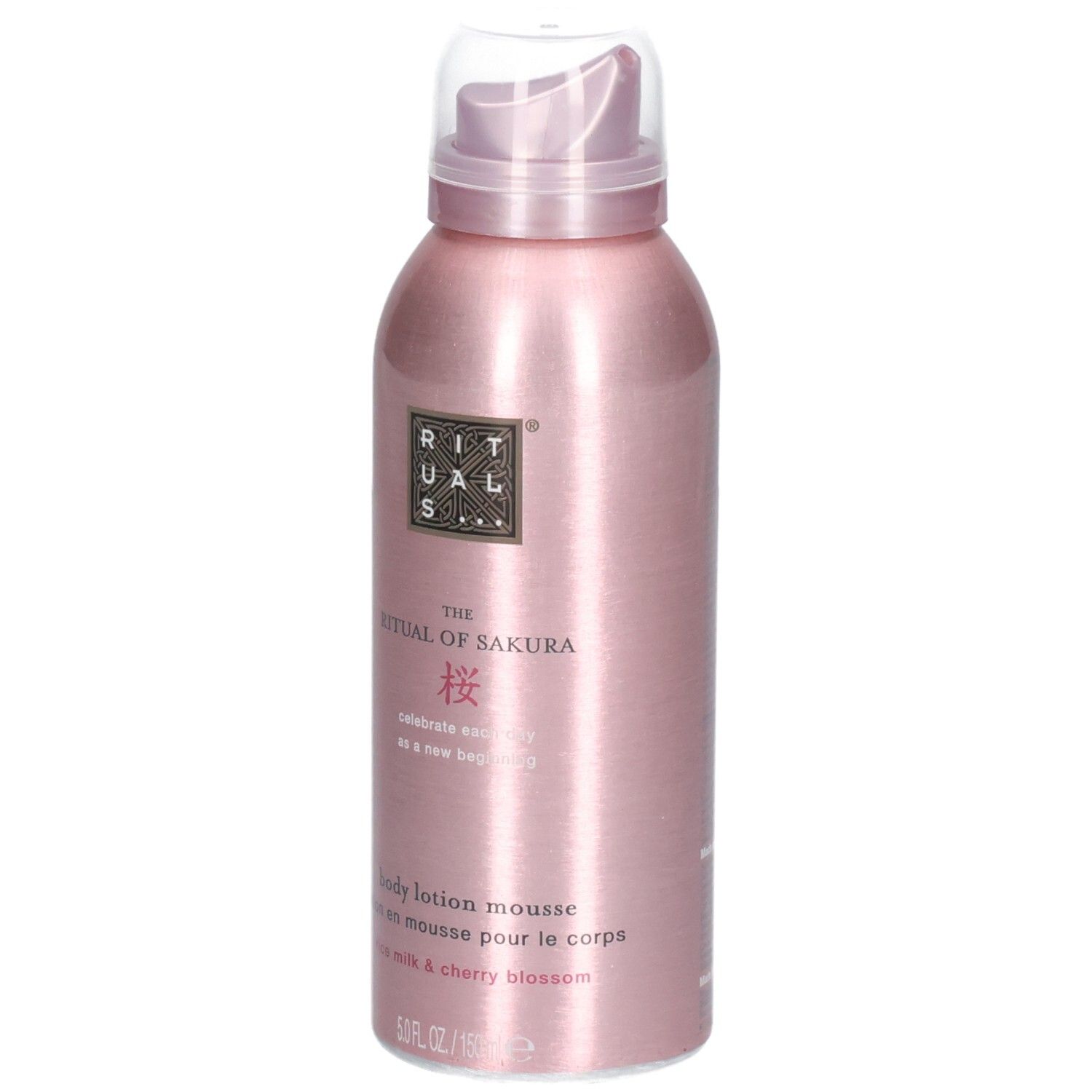 Rituals Sakura Körperlotion Mousse in rosa Metallic-Dose. Text auf der Vorderseite: 'The Ritual of Sakura', 'body lotion mousse'.