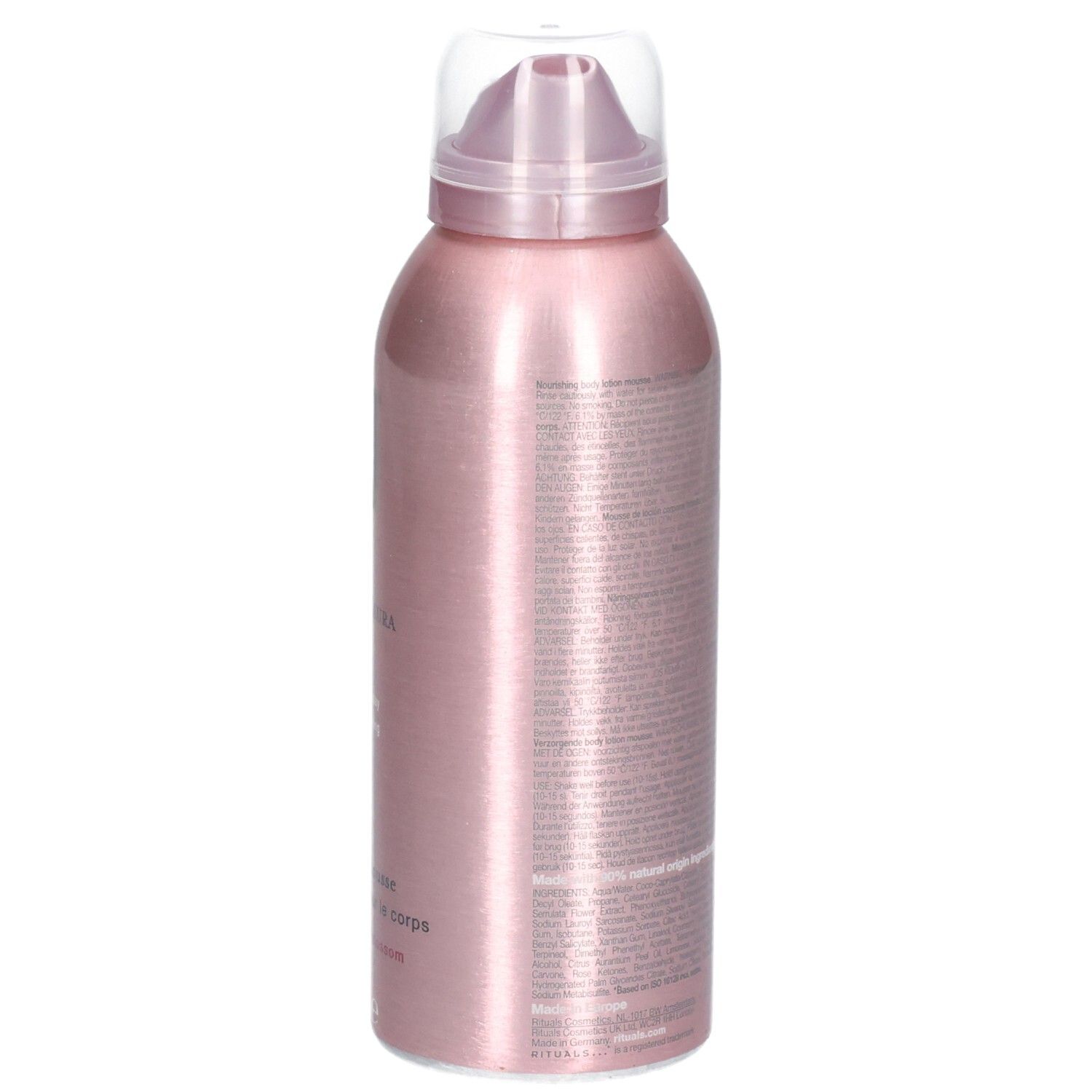 Seite der Rituals Sakura Körperlotion Mousse Dose. Rosa Metallic-Finish mit Pumpspender und Text.