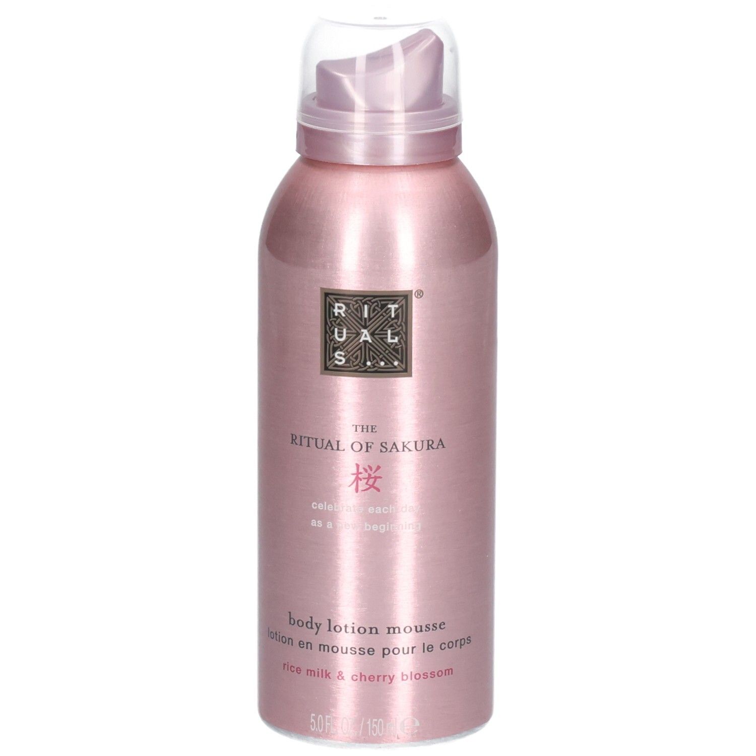 Rituals Sakura Körperlotion Mousse in rosa Metallic-Dose. Vorderansicht mit Pumpspender und Produktinformationen.