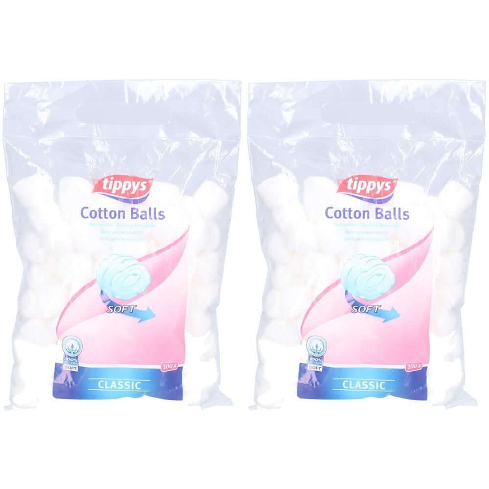 Zwei Packungen tippys Cotton Balls Classic, weiß, aus Baumwolle.