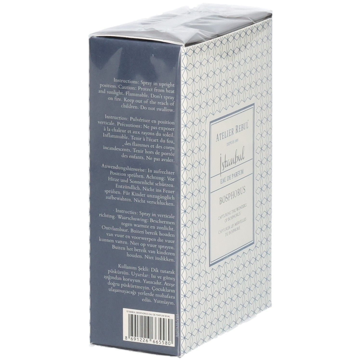 Rückseite der Verpackung mit Anwendungshinweisen für Atelier Rebul Istanbul Bosphorus Eau de Parfum.