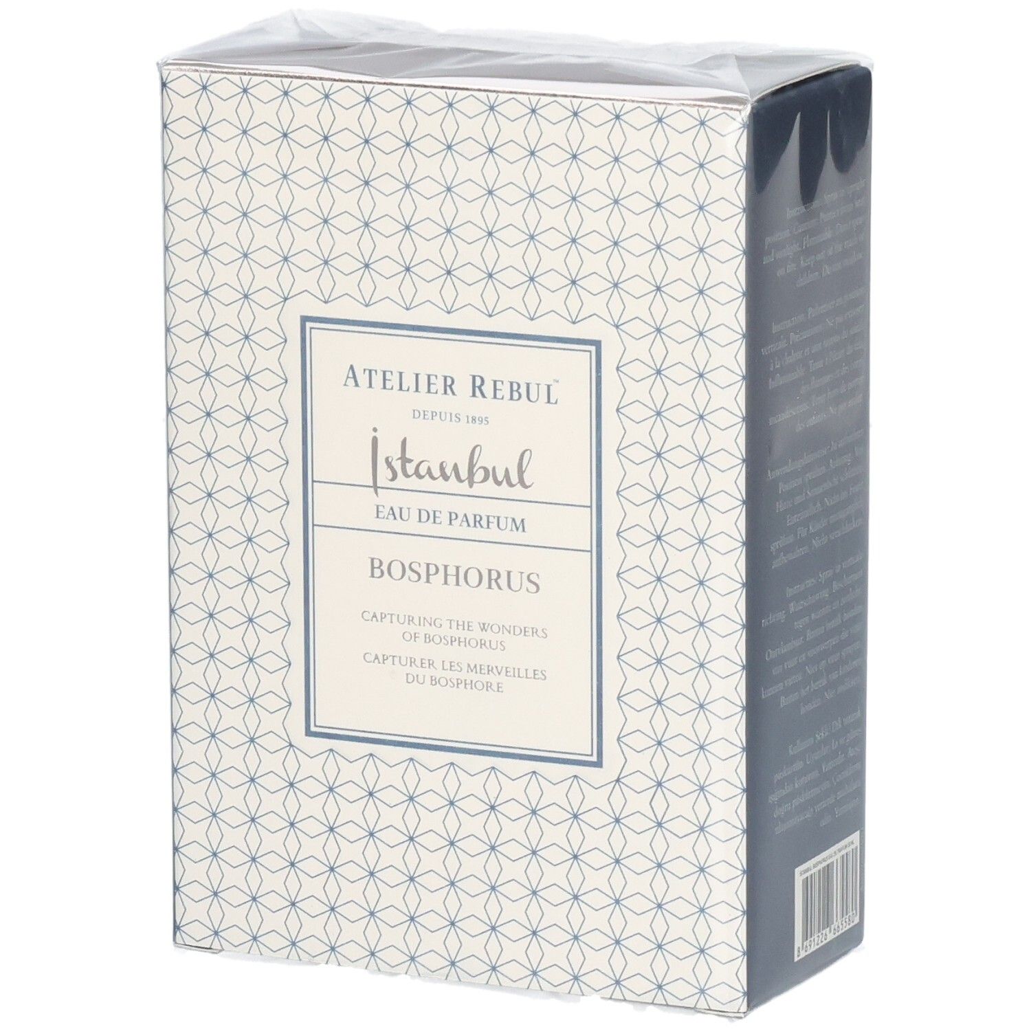 Verpackung von Atelier Rebul Istanbul Bosphorus Eau de Parfum mit geometrischem Muster.