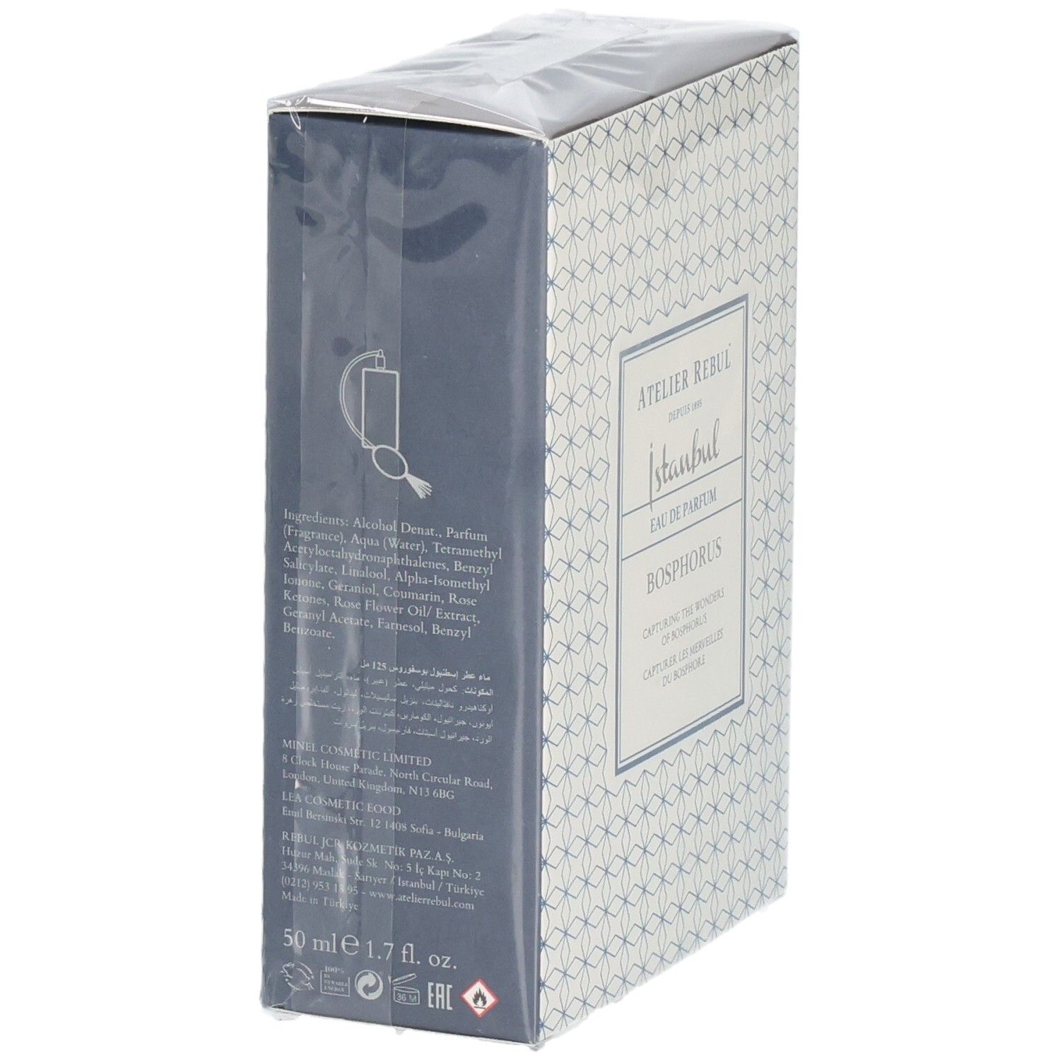 Seitenansicht der Verpackung mit Inhaltsstoffen für Atelier Rebul Istanbul Bosphorus Eau de Parfum.