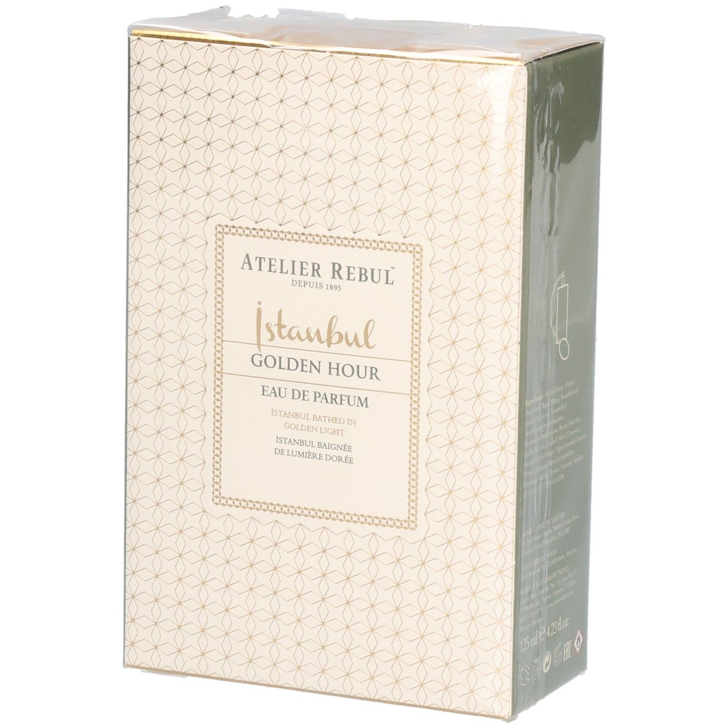 Verpackung von Atelier Rebul Istanbul Golden Hour Eau de Parfum. Beige Box mit goldenem Muster und Produktnamen.