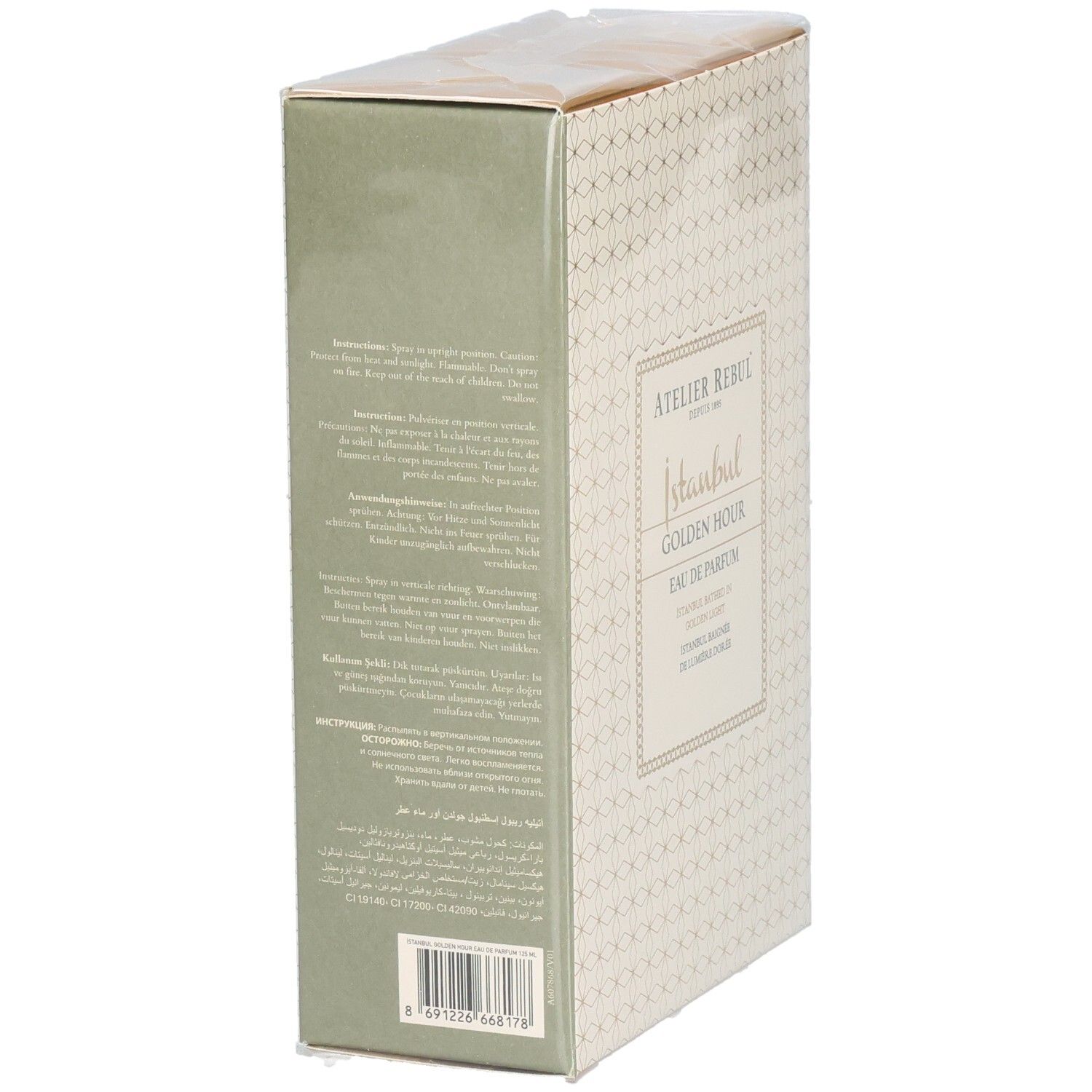 Seitenansicht der Verpackung von Atelier Rebul Istanbul Golden Hour. Textliche Informationen auf grünem Hintergrund.
