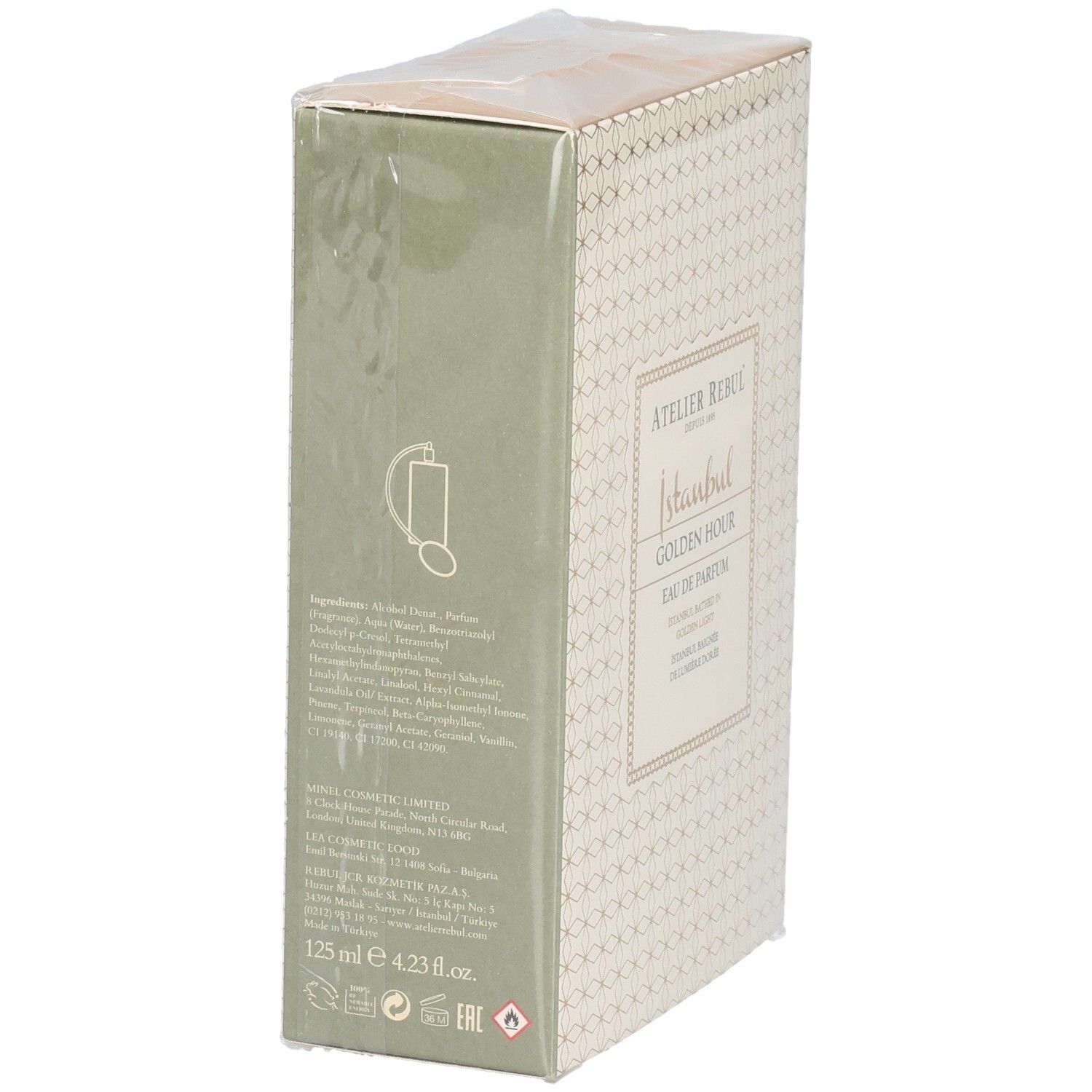 Seitenansicht der Verpackung von Atelier Rebul Istanbul Golden Hour. Text und Abbildung eines Sprühflakons.