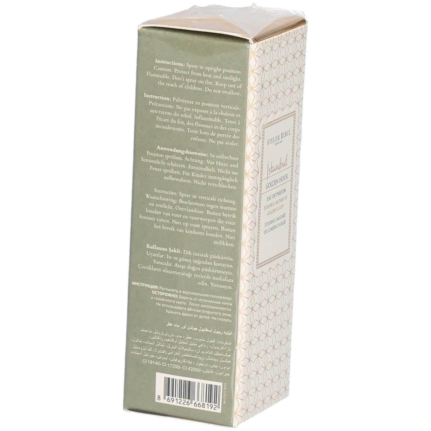 Kartonverpackung. Atelier Rebul Istanbul Golden Hour Eau de Parfum. Seite mit Gebrauchsanweisung und Warnhinweisen.