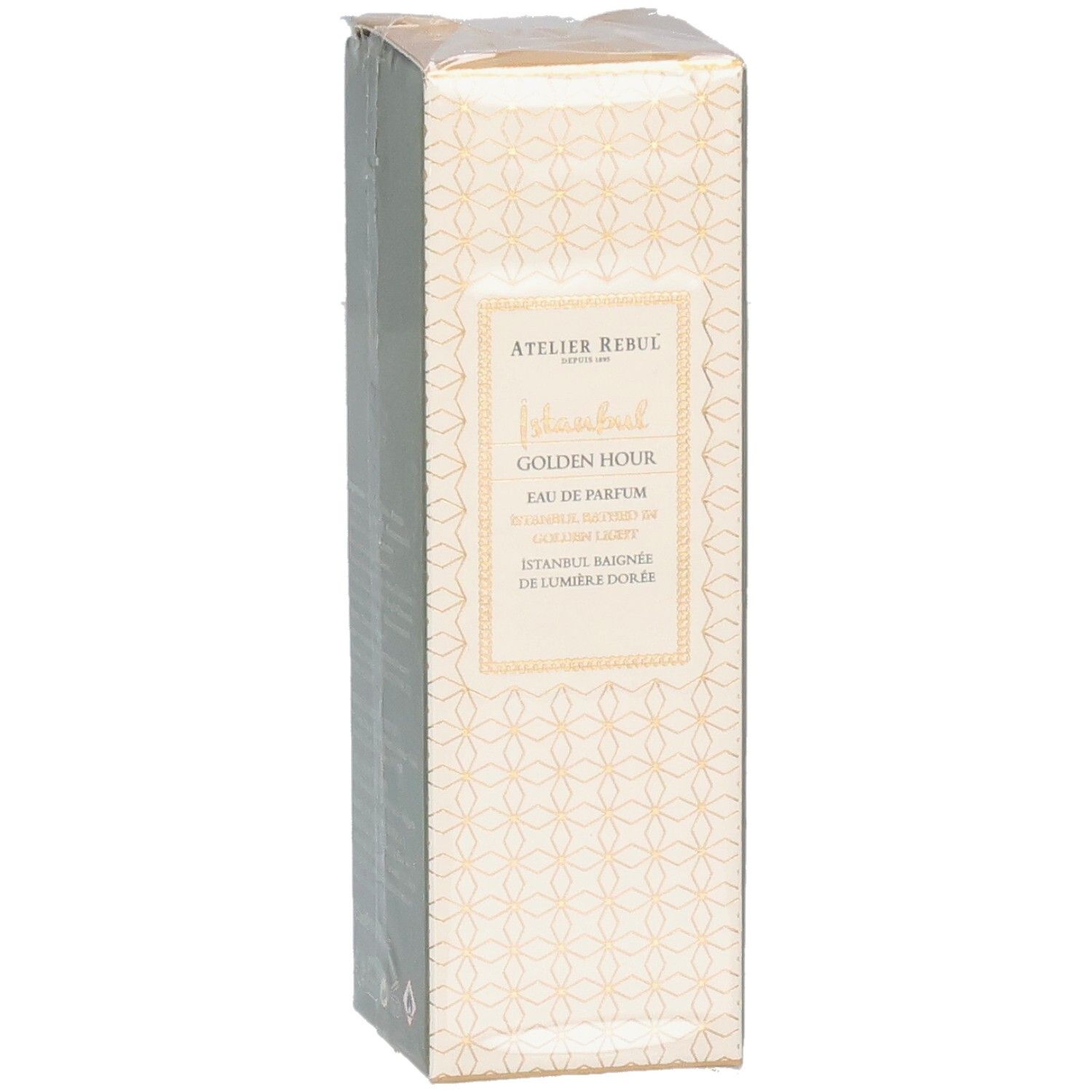 Kartonverpackung. Atelier Rebul Istanbul Golden Hour Eau de Parfum. Vorderseite mit Produktnamen und Logo.