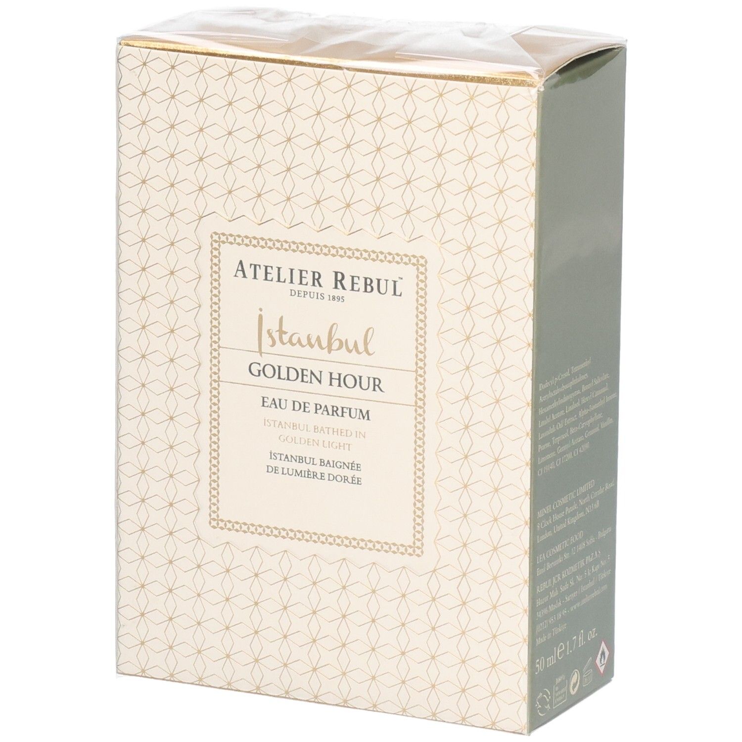 Atelier Rebul Golden Hour Eau de Parfum Verpackung mit geometrischem Muster.