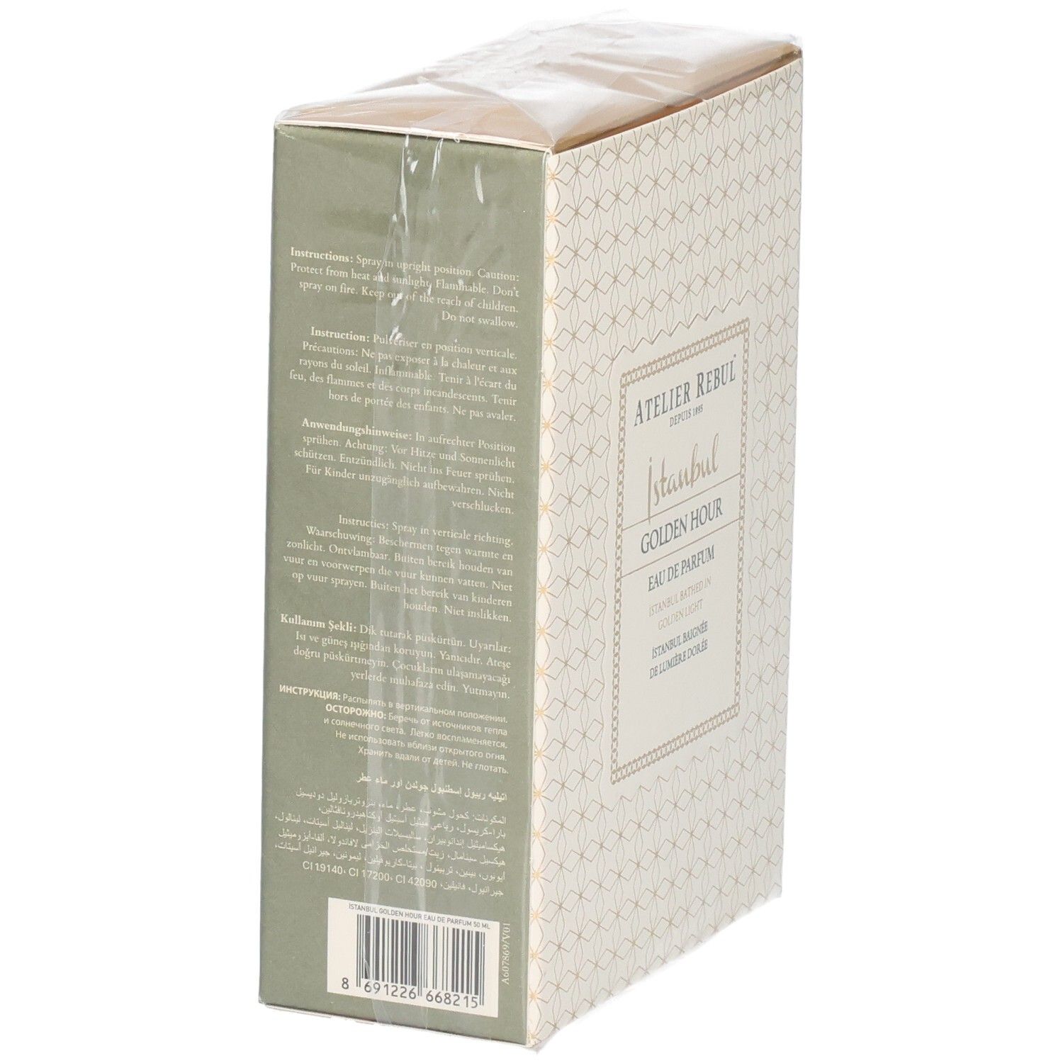 Rückseite der Atelier Rebul Golden Hour Eau de Parfum Verpackung mit Anwendungshinweisen.