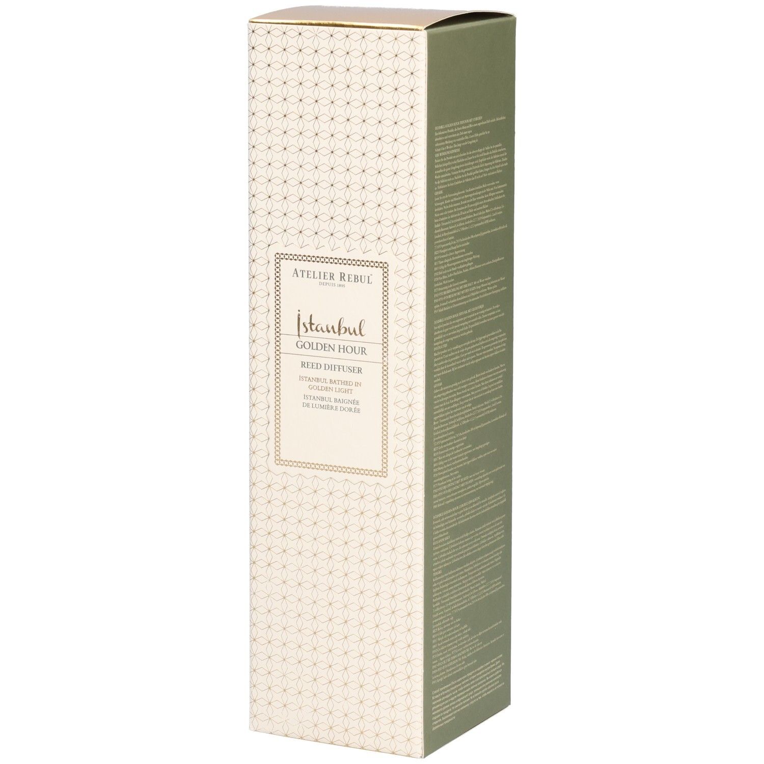 Rechteckige Verpackung. Aufschrift: Atelier Rebul Istanbul Golden Hour Reed Diffuser. Beige und goldfarbenes Design.