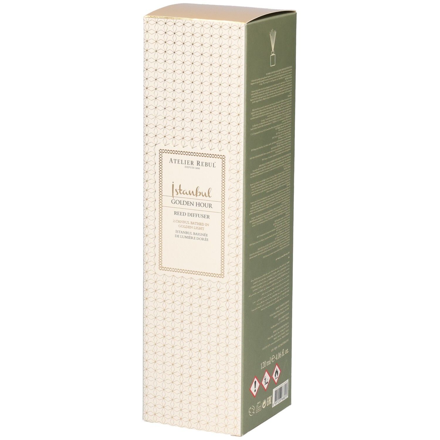 Verpackung mit Aufschrift: Atelier Rebul Istanbul Golden Hour Reed Diffuser. Beige und goldfarbenes Design. Warnsymbole.