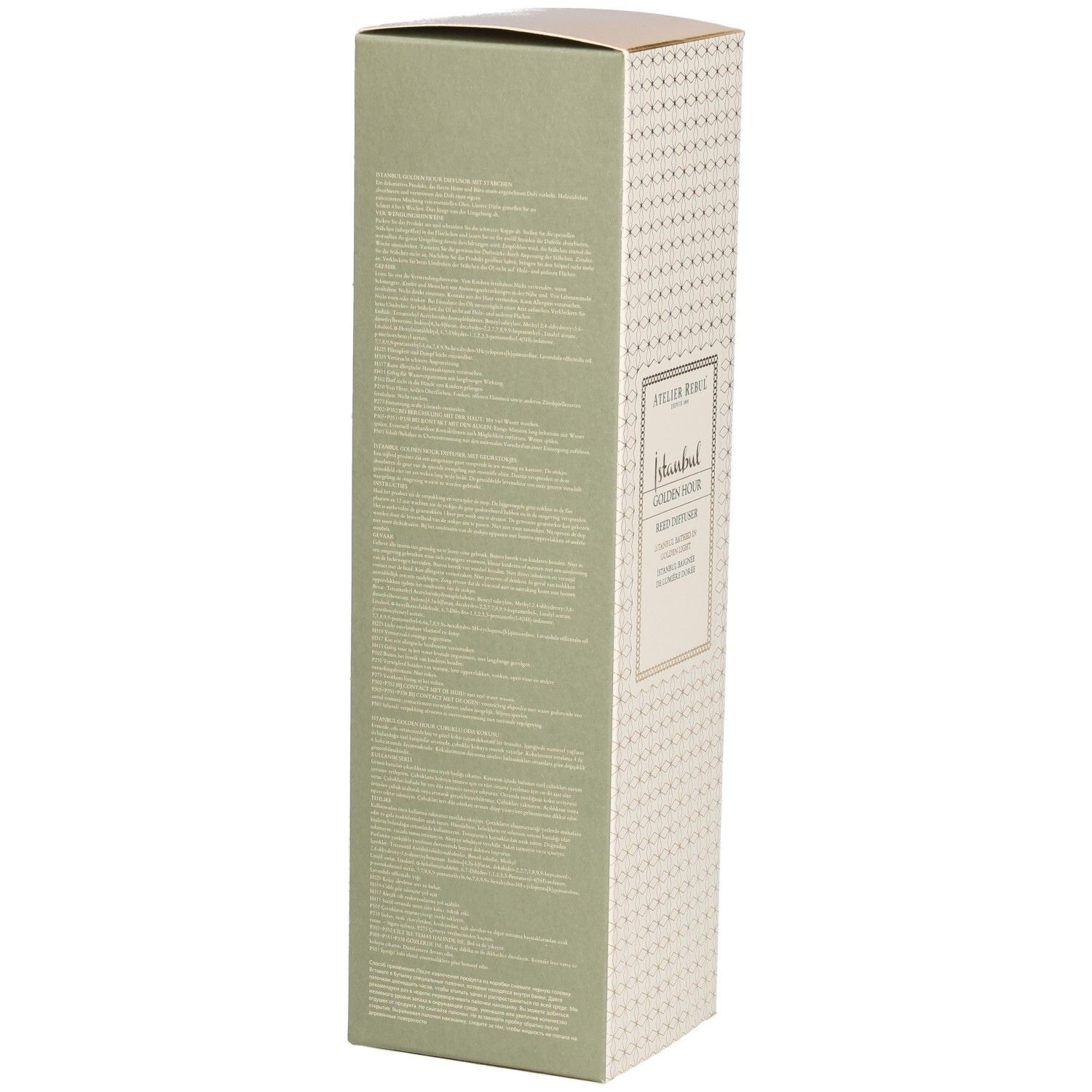Verpackung. Aufschrift: Atelier Rebul Istanbul Golden Hour Reed Diffuser. Beige und goldfarbenes Design. Text in mehreren Sprachen.