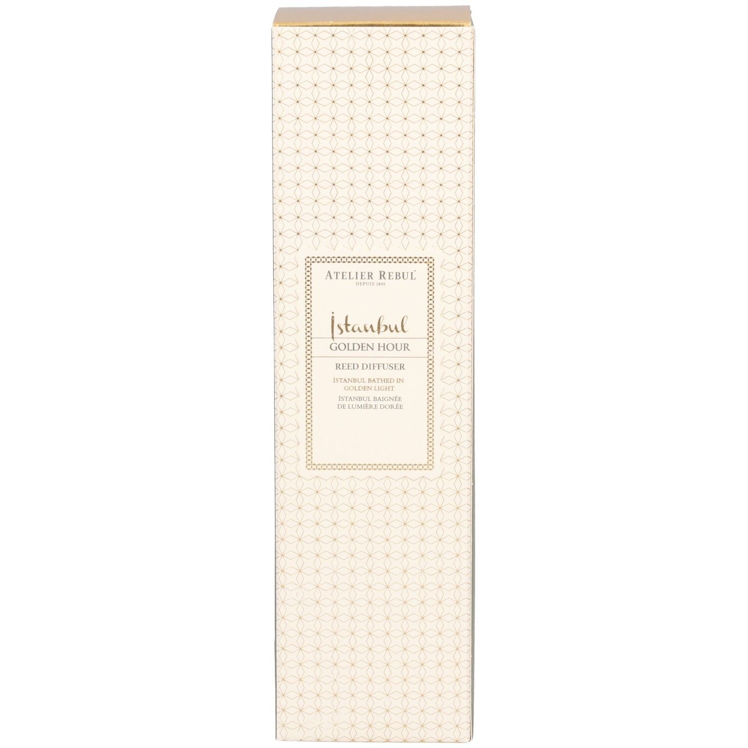 Verpackung. Aufschrift: Atelier Rebul Istanbul Golden Hour Reed Diffuser. Beige und goldfarbenes Design.