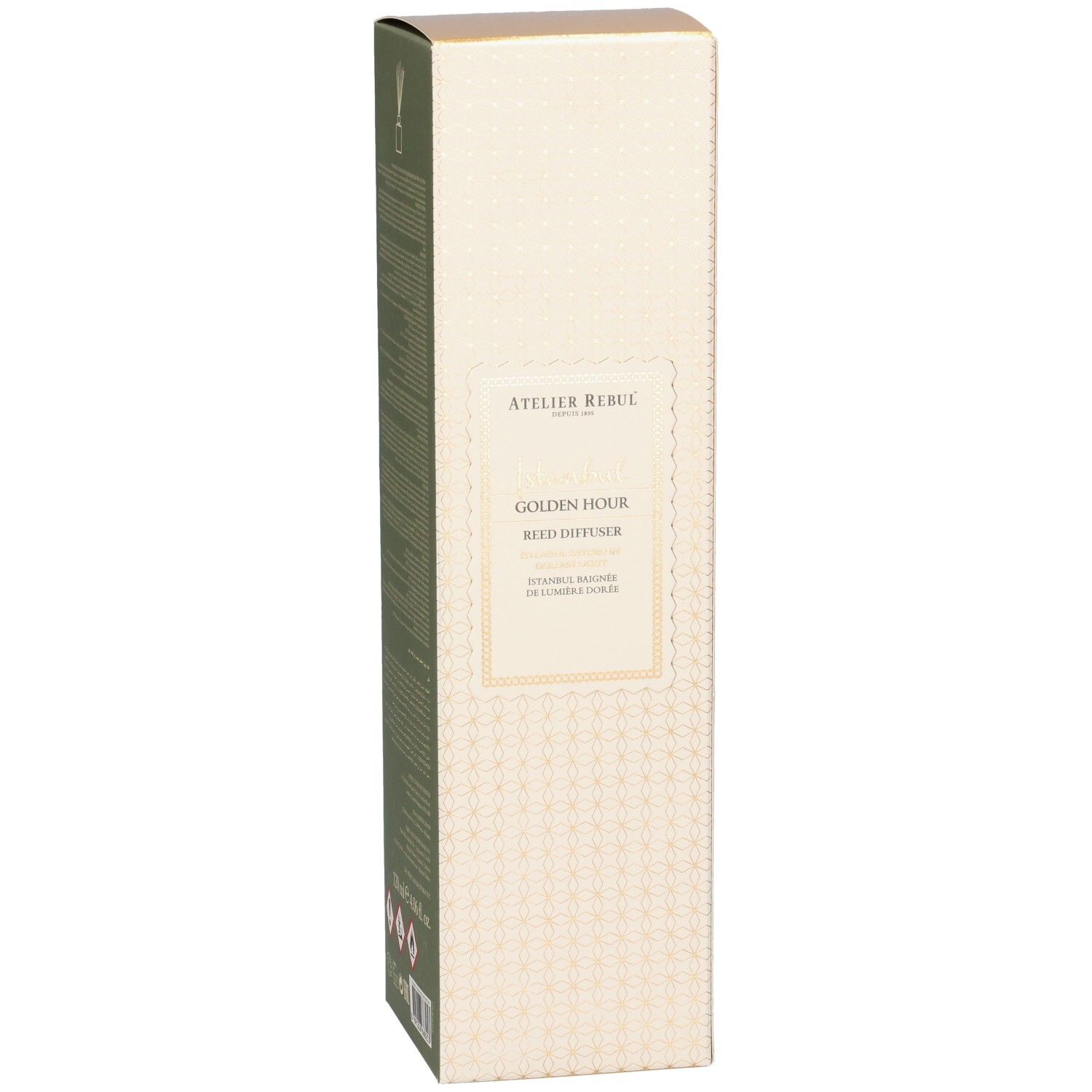 Verpackung. Aufschrift: Golden Hour Reed Diffuser. Beige und goldfarbenes Design. Warnsymbole.