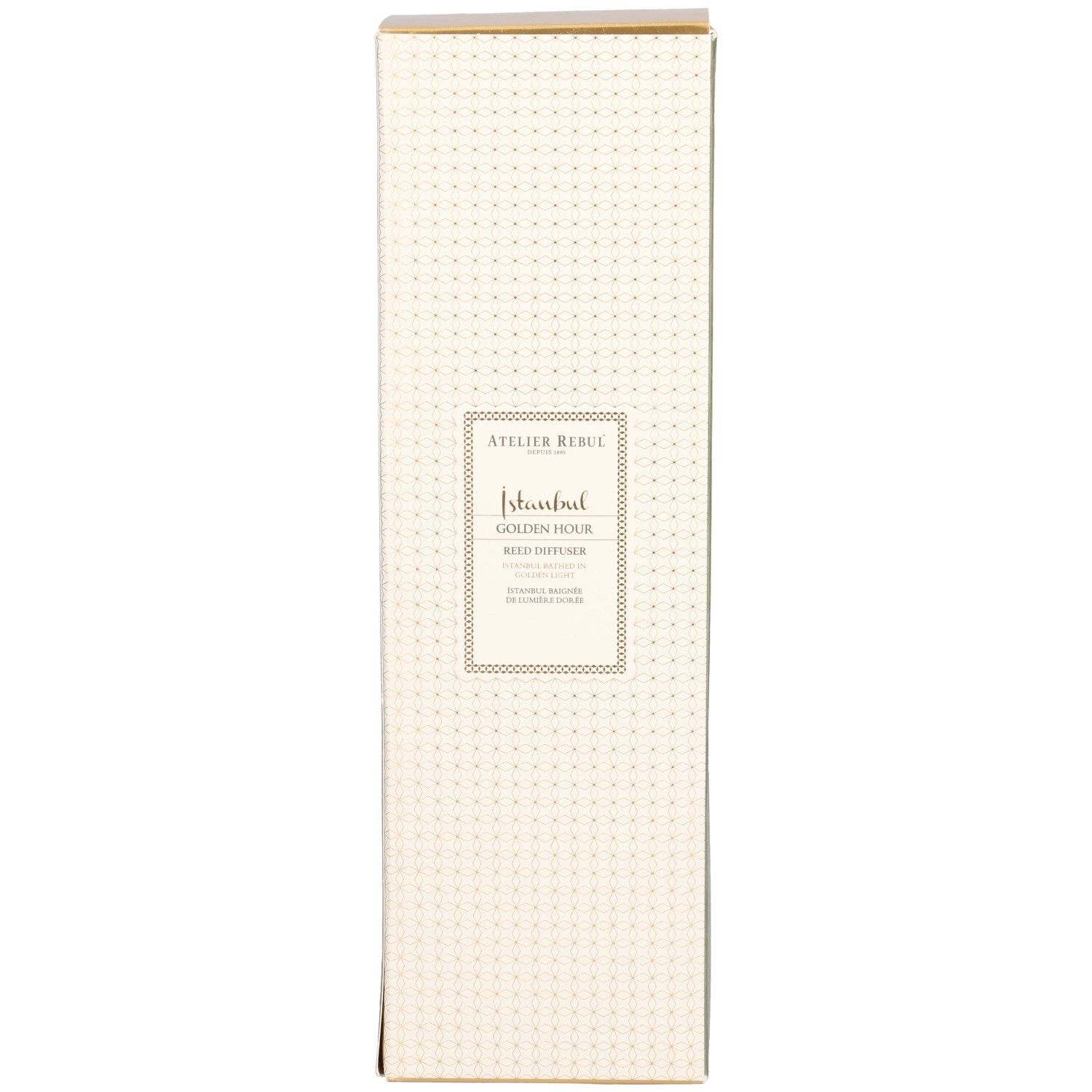 Hohe, rechteckige Schachtel. Aufschrift: Atelier Rebul, Istanbul, Golden Hour, Reed Diffuser. Beige mit goldenem Muster.