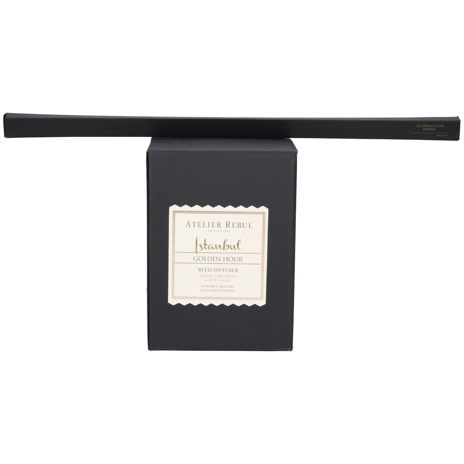Schwarze Box mit Atelier Rebul Istanbul Golden Hour Reed Diffuser und einem Duftstab.