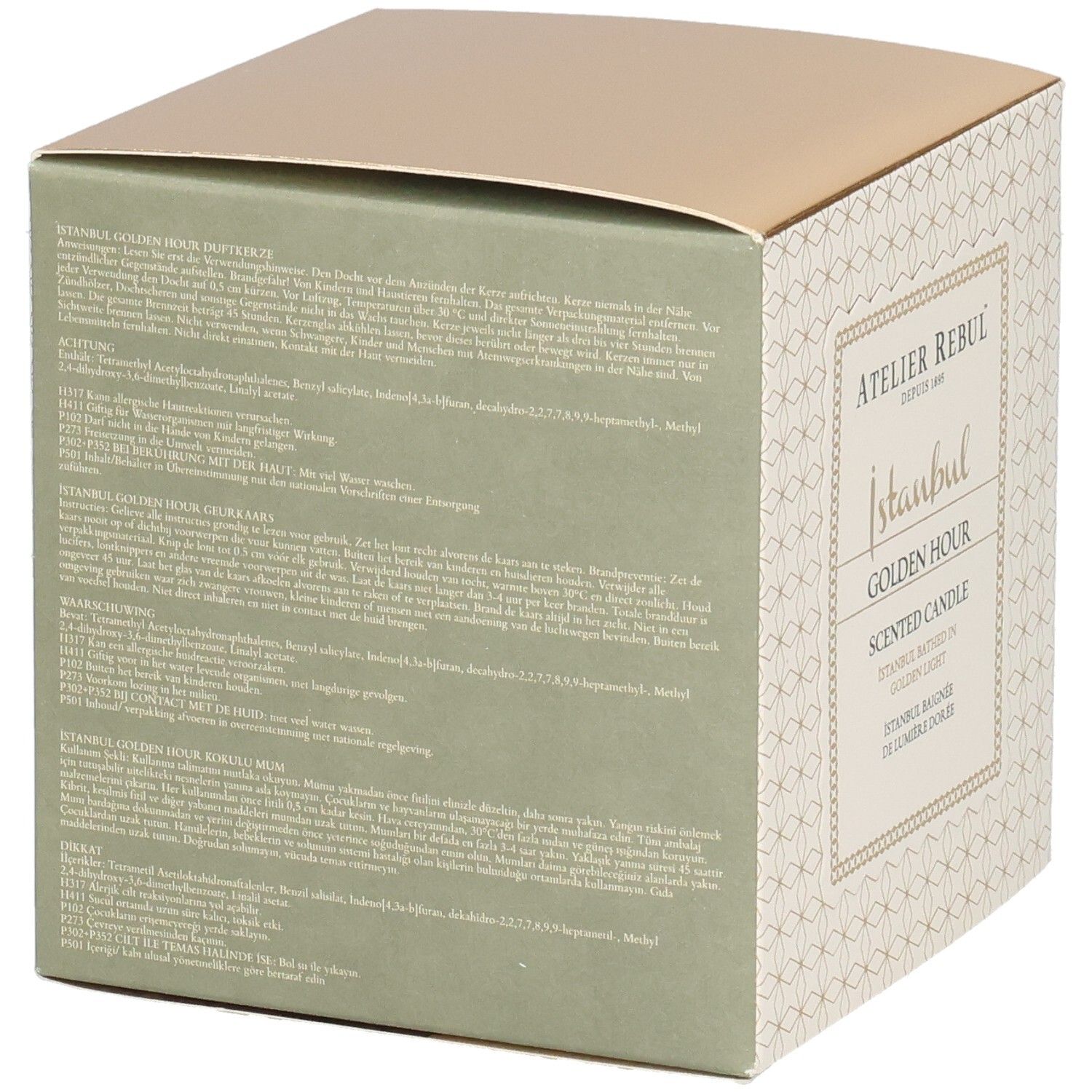 Rückseite der Verpackung. Text in mehreren Sprachen. Aufschrift: Atelier Rebul, Istanbul Golden Hour Scented Candle. Grünliche Seite.