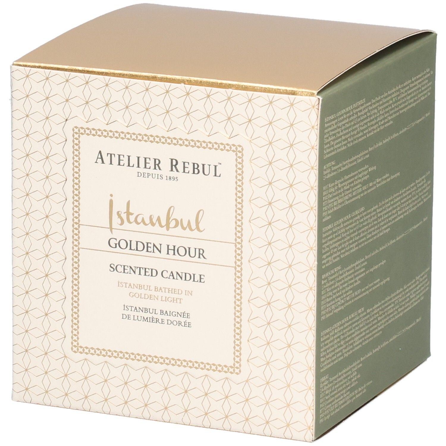 Quadratische Verpackung. Aufschrift: Atelier Rebul, Istanbul Golden Hour Scented Candle. Goldfarbener Deckel, cremefarbene Seiten mit Muster.