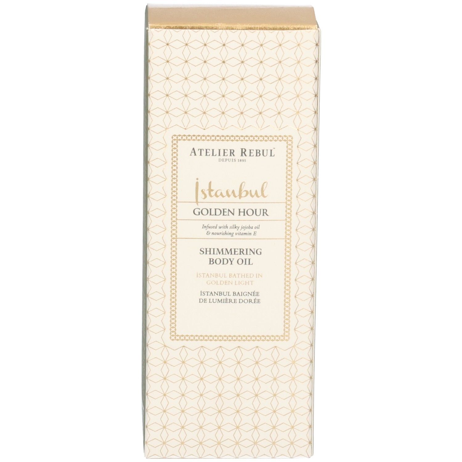 Verpackungsschachtel für Atelier Rebul Istanbul Golden Hour schimmerndes Körperöl mit Muster.