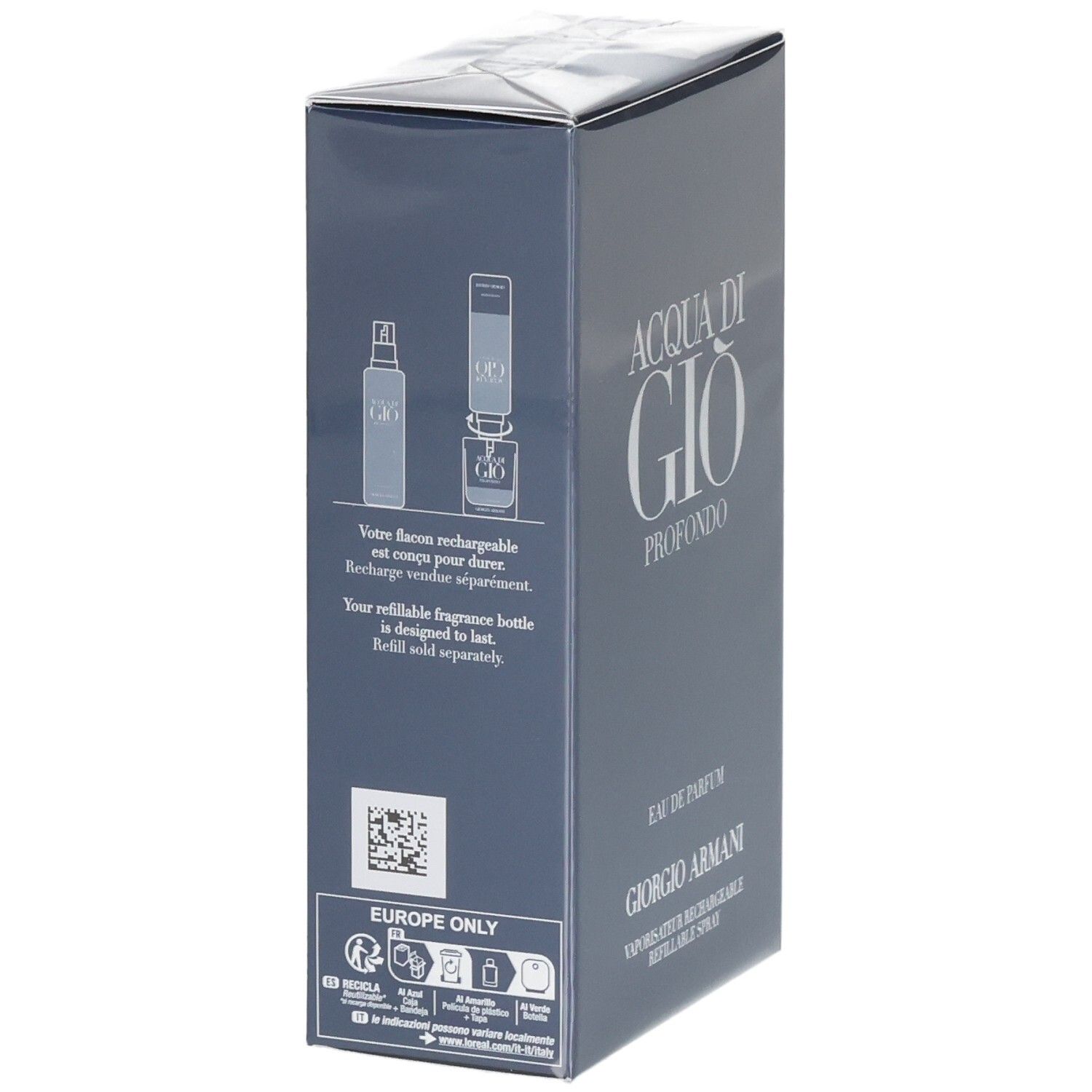 Giorgio Armani Acqua di Gio Profondo Eau de Parfum Karton. Zeigt Nachfüllanleitung.