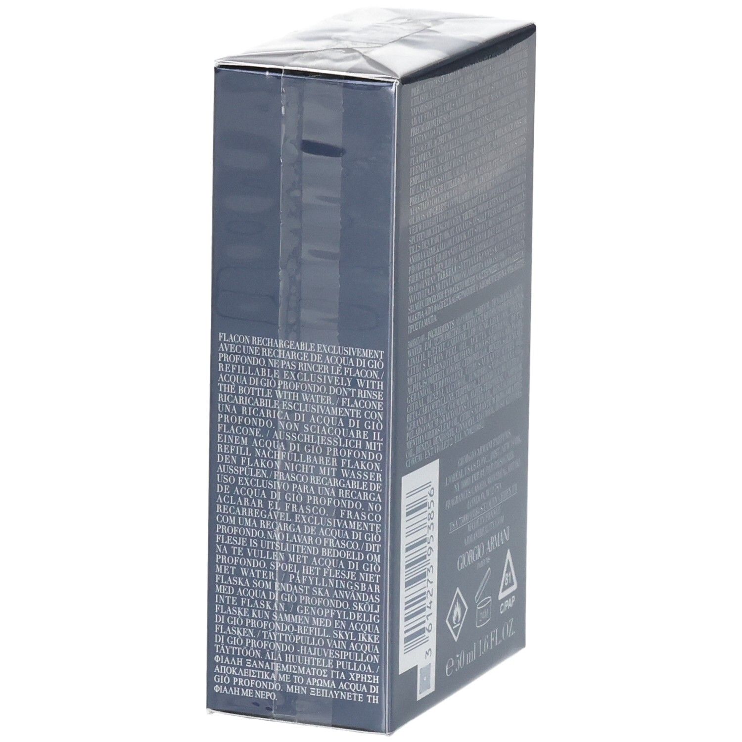 Giorgio Armani Acqua di Gio, 50ml Flakon auf dunkler Verpackung.
