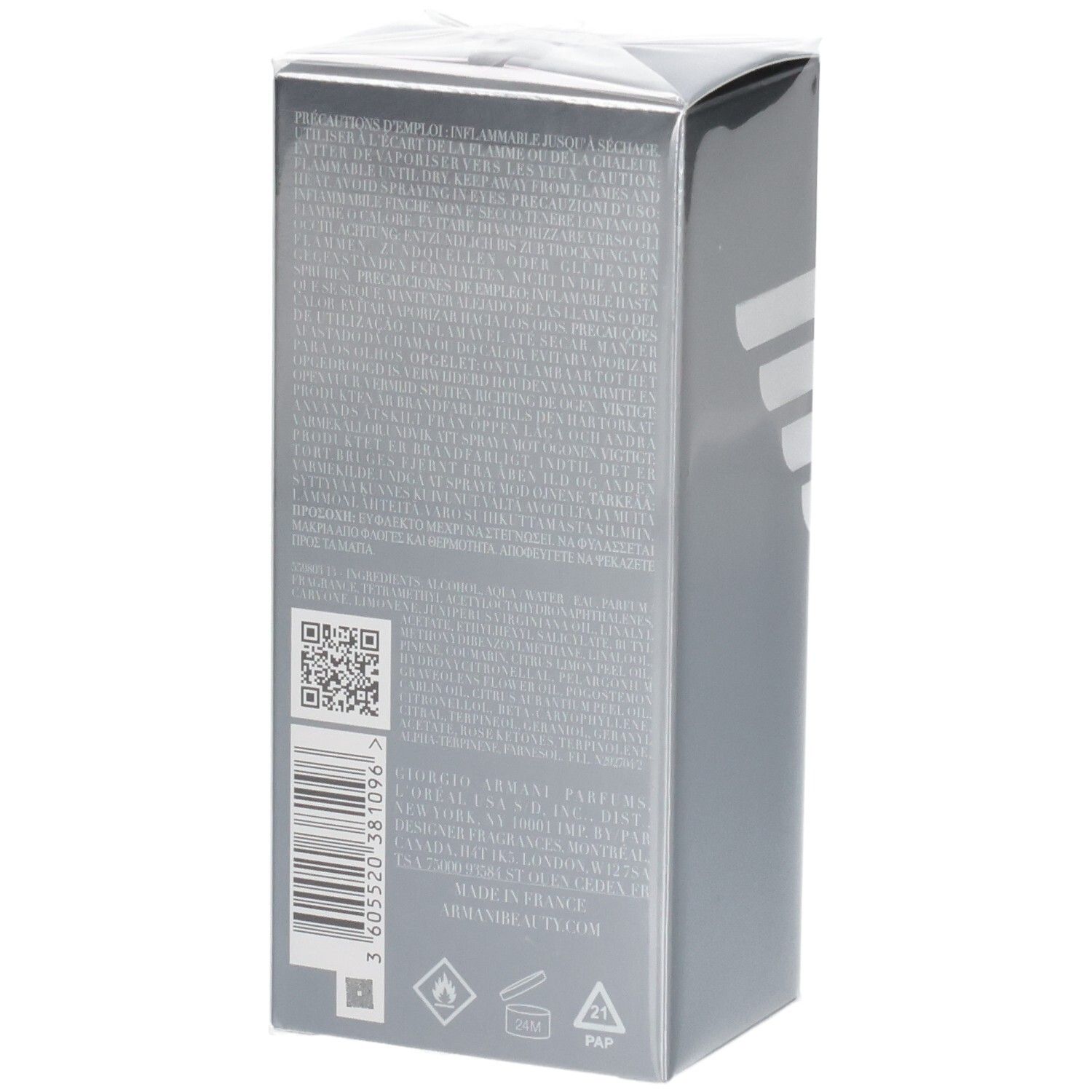 Graue Verpackung mit Text und Barcode. "Made in France" sichtbar.