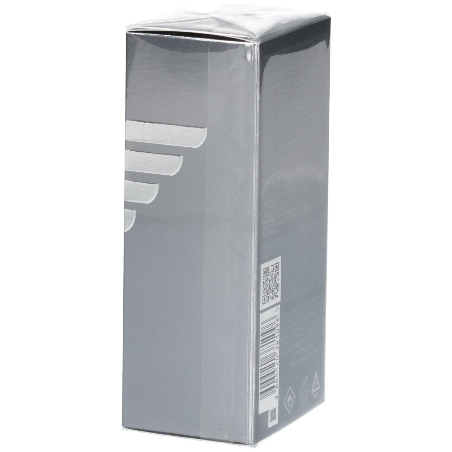 Silberne Verpackung mit stilisiertem Logo und Barcode.