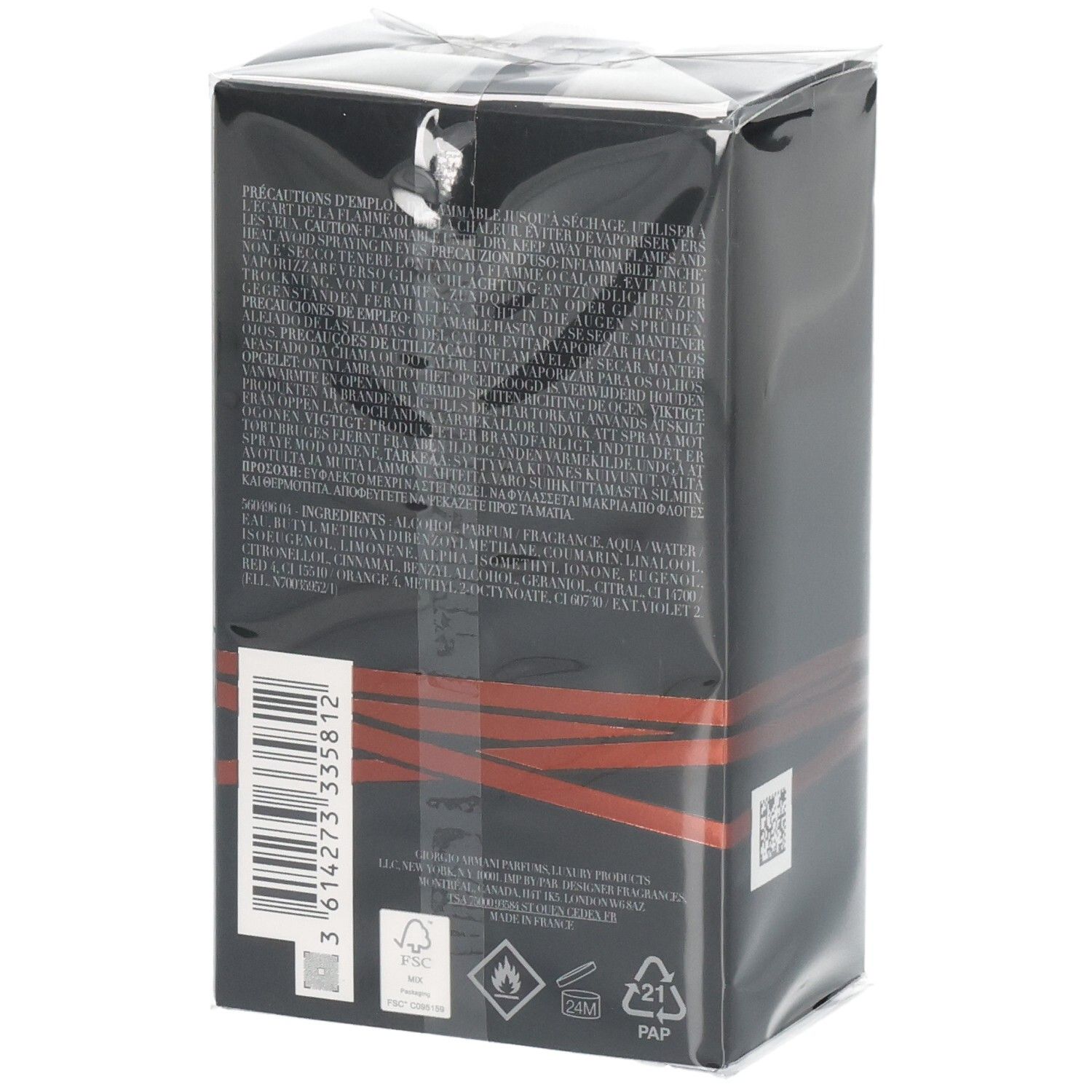 Schwarze Parfümverpackung mit roten Streifen und Barcode.