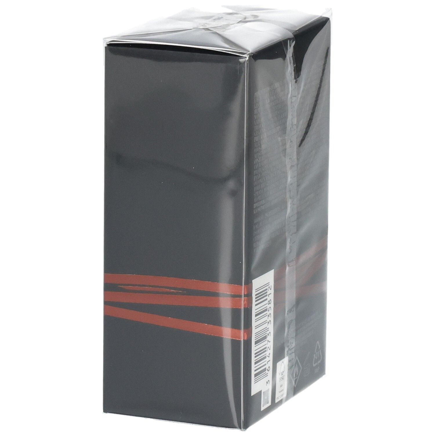 Schwarze Verpackung mit roten Linien und Barcode.