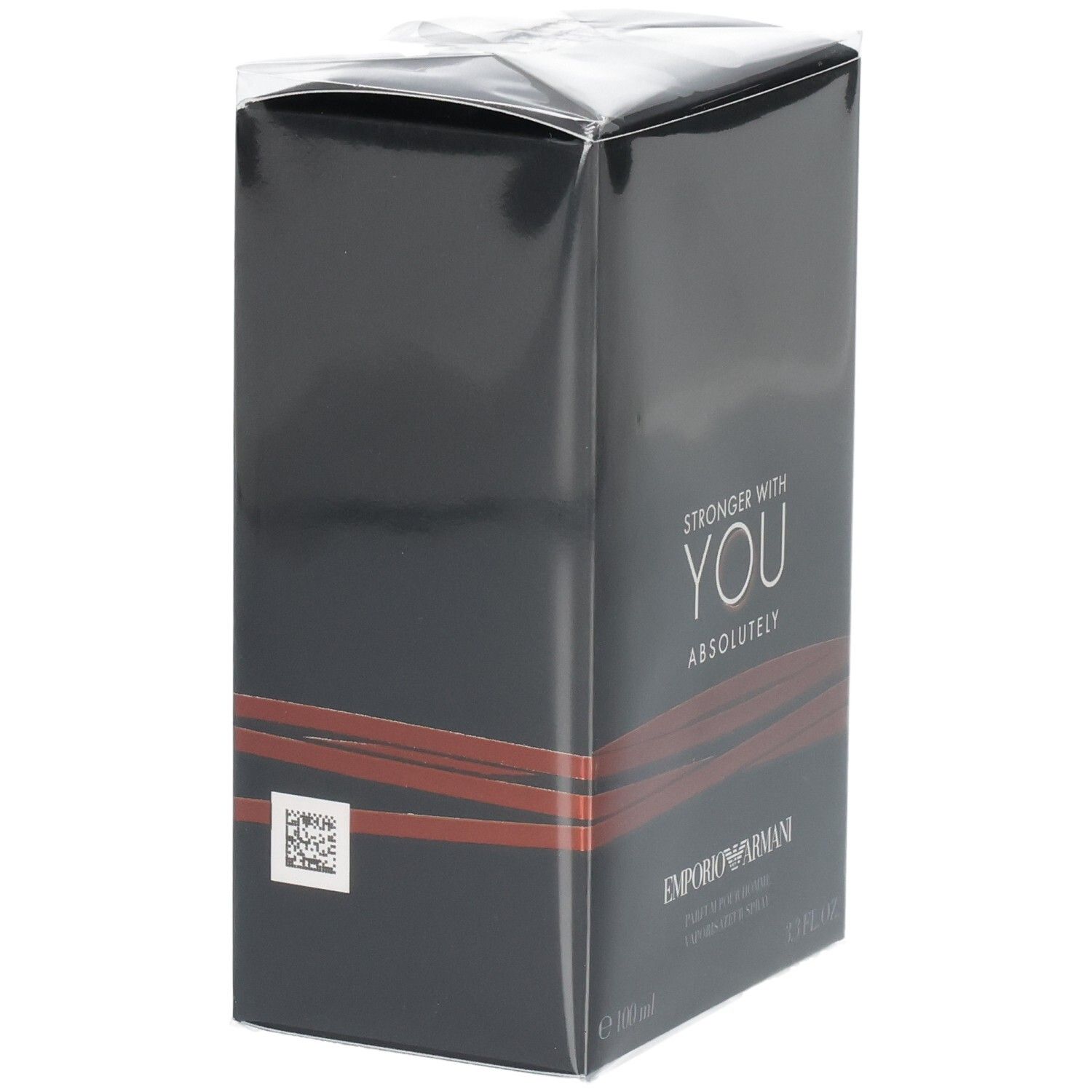 Dunkelgraue Parfümverpackung mit rotem Banddesign. Emporio Armani "Stronger With You Absolutely" Aufschrift.