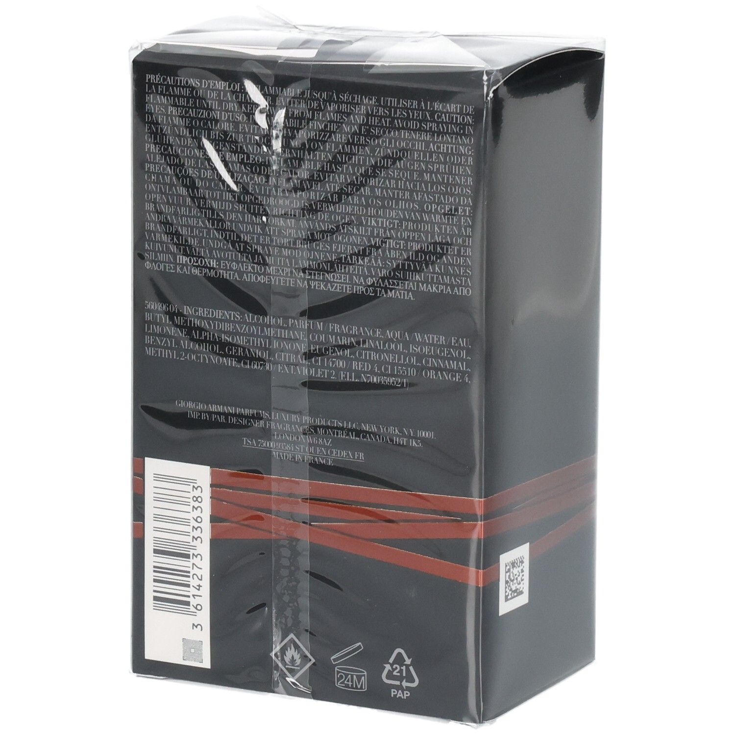 Schwarze Produktverpackung mit roten Bändern und Textinformationen.