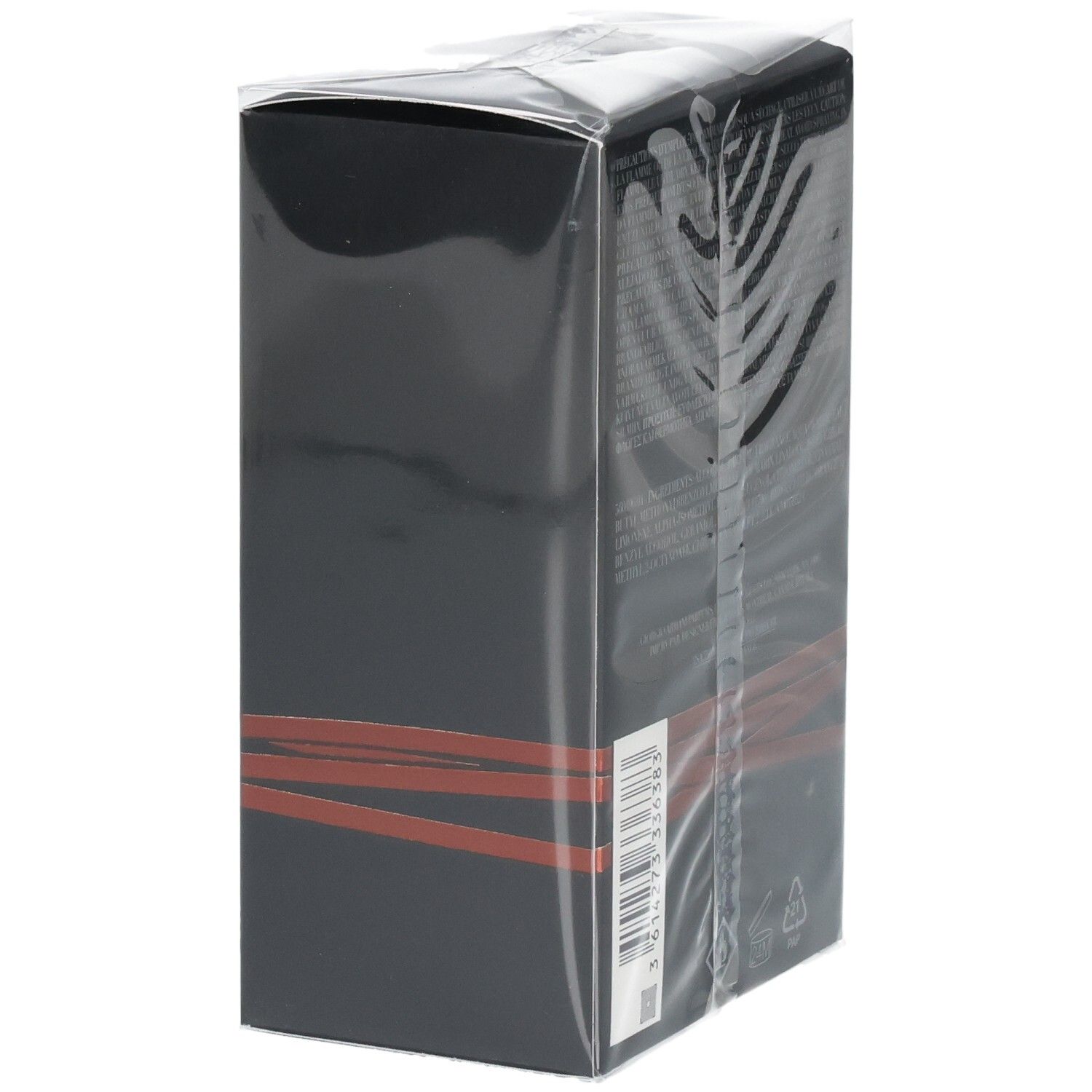 Schwarze rechteckige Verpackung mit roten Linien und Barcode, in Folie eingeschweißt.