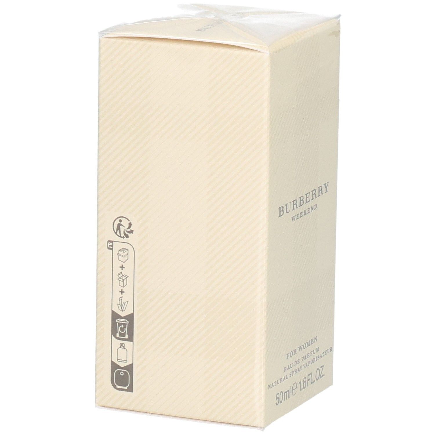 Verpackung von Burberry Weekend Eau de Parfum für Damen, 50ml, mit Symbolen.