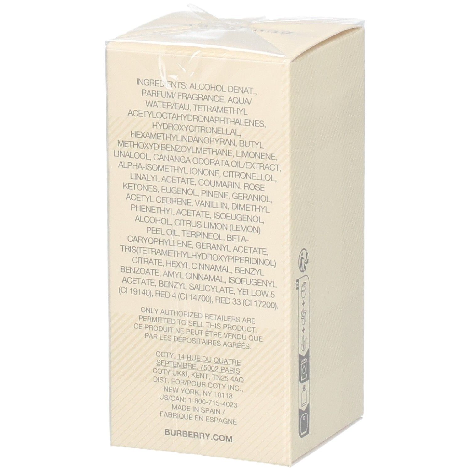 Seite der Verpackung von Burberry Weekend Eau de Parfum für Damen, 50ml, mit Inhaltsstoffen.