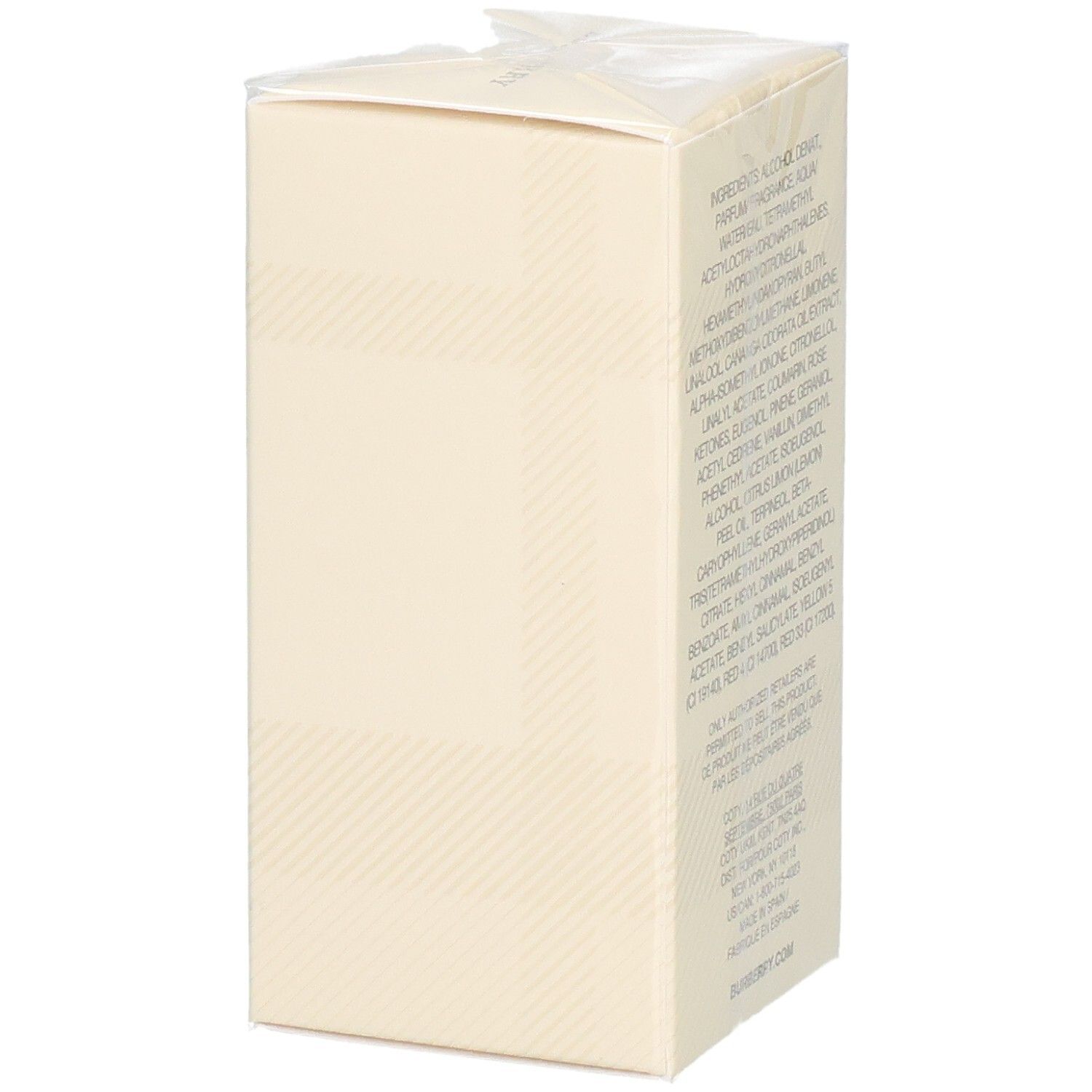 Seite der Verpackung von Burberry Weekend Eau de Parfum für Damen, 50ml, mit Inhaltsstoffen.