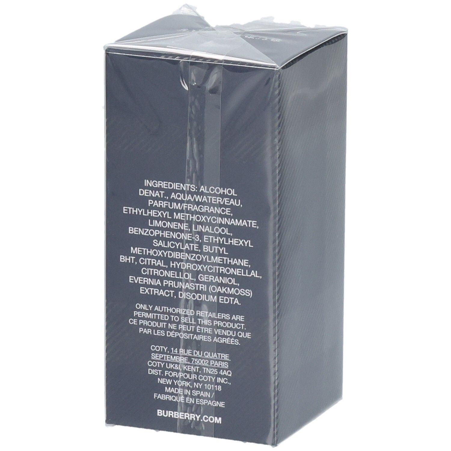 Rückseite der Verpackung von Burberry Weekend Eau de Toilette für Herren mit Inhaltsstoffen.
