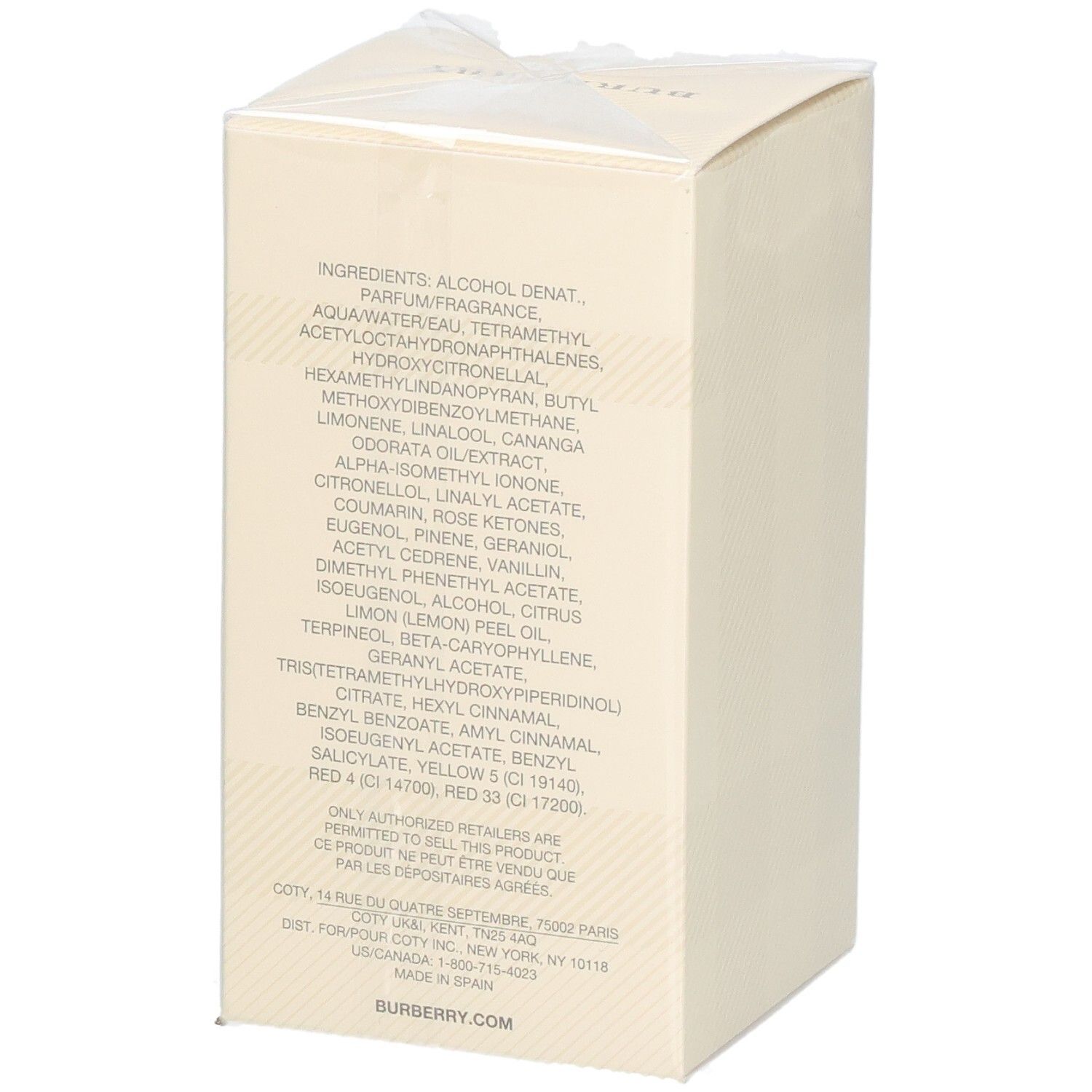 Rückseite der Verpackung von Burberry Weekend Eau de Parfum für Damen mit Inhaltsstoffen.