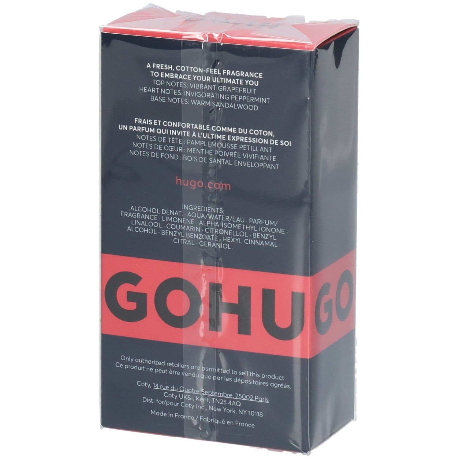 Rückseite der Hugo Jeans Eau de Toilette Verpackung mit Inhaltsstoffen und Duftnoten.