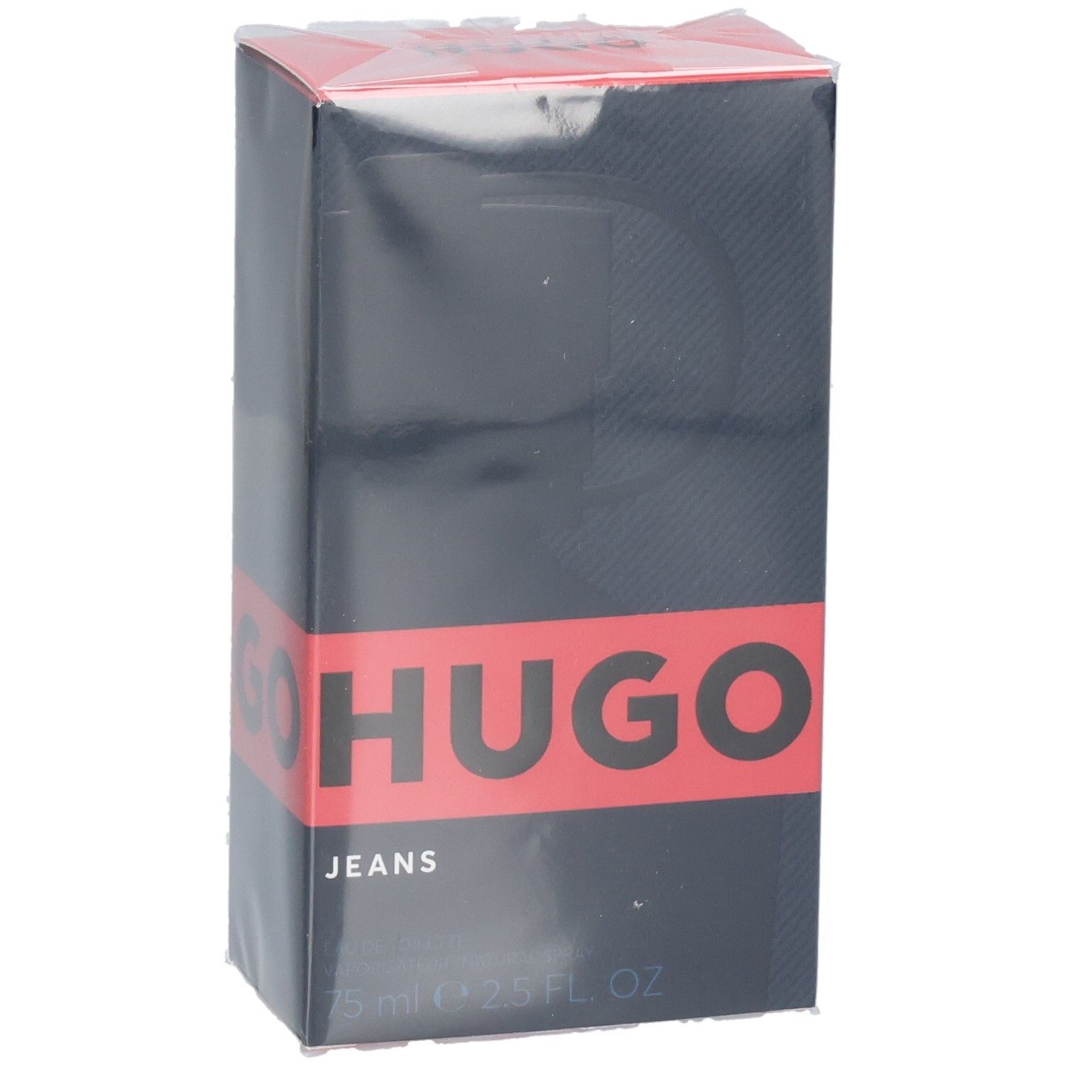 Hugo Jeans Eau de Toilette Verpackung, schräg von vorne mit rotem Band und Schriftzug.