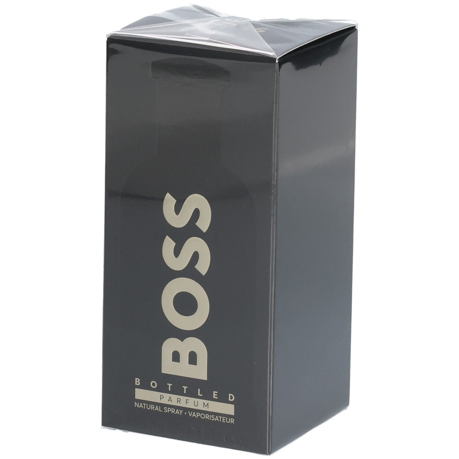 Schwarze Hugo Boss Bottled Parfum Box mit goldener Schrift.