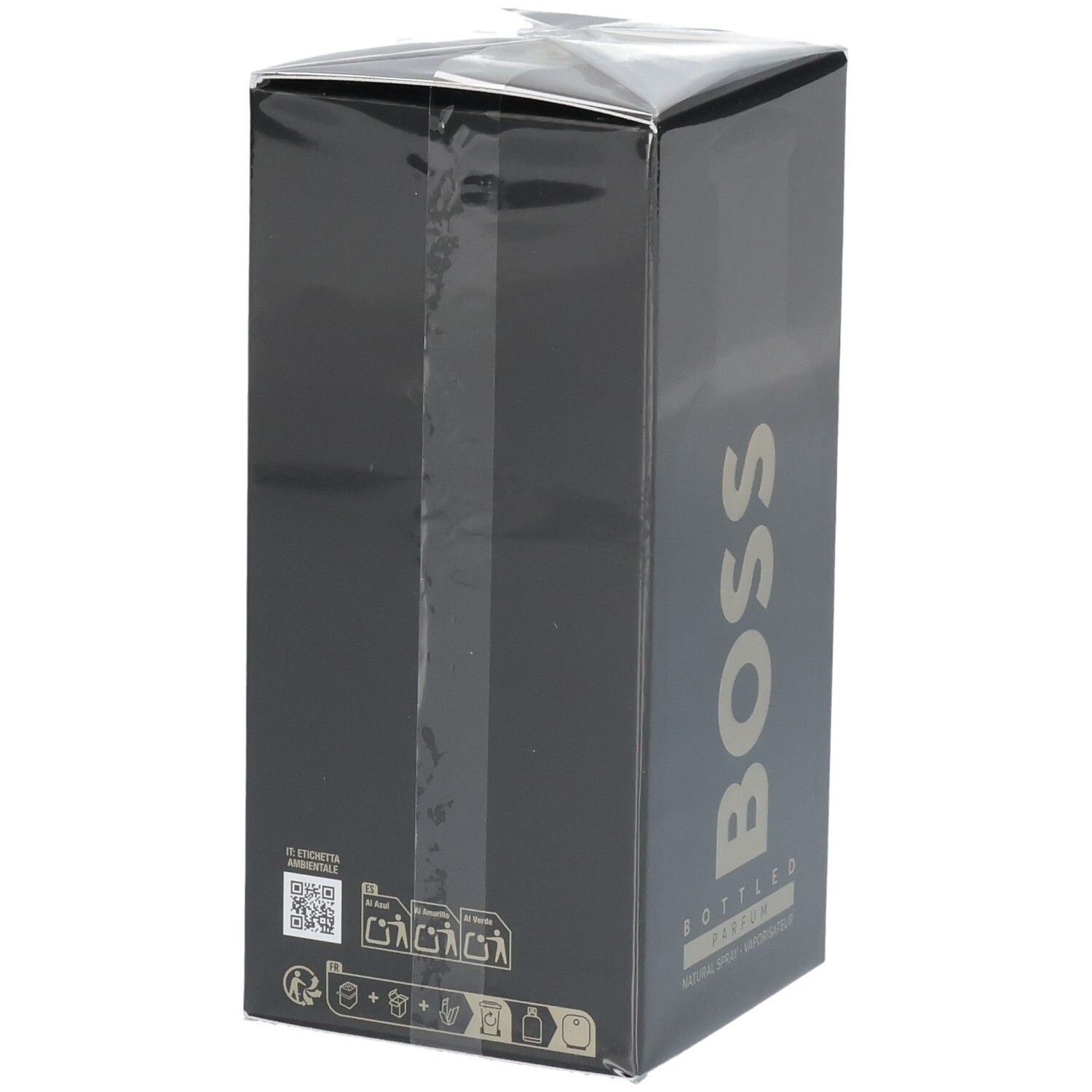 Rückseite der Hugo Boss Bottled Parfum Box mit Produktinformationen und QR-Code.