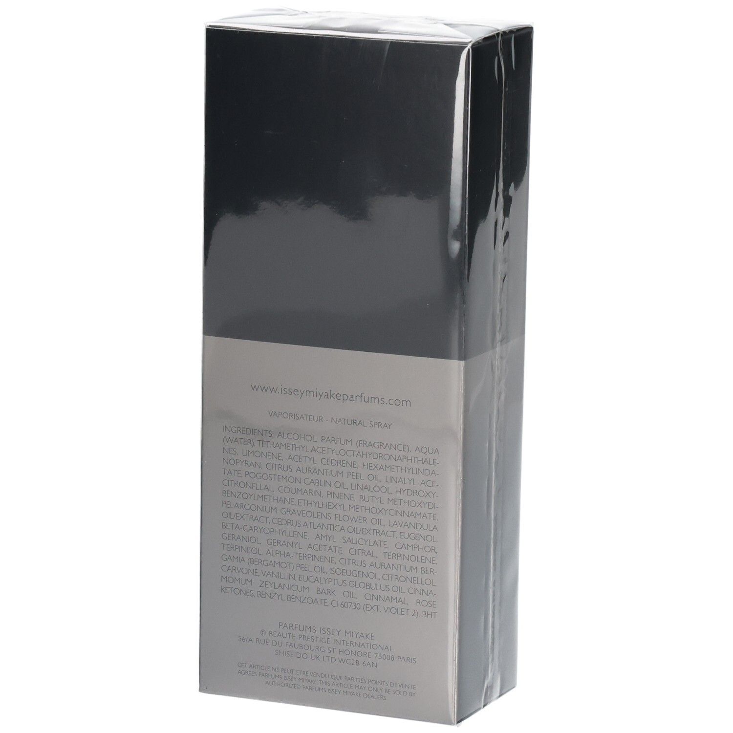 Rückseite der Verpackung von Issey Miyake L'Eau d'Issey pour Homme Intense Eau de Toilette mit Inhaltsstoffen.