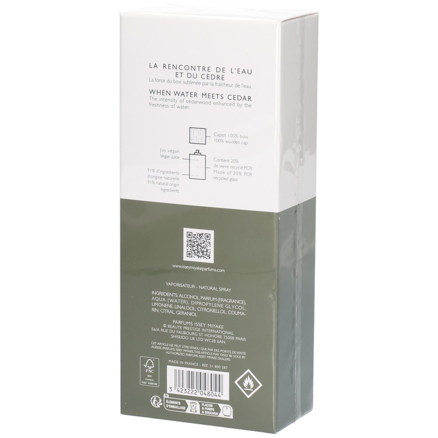 Issey Miyake L'Eau d'Issey Pour Homme Eau & Cèdre Eau de Toilette Kartonverpackung, Rückseite mit Details.