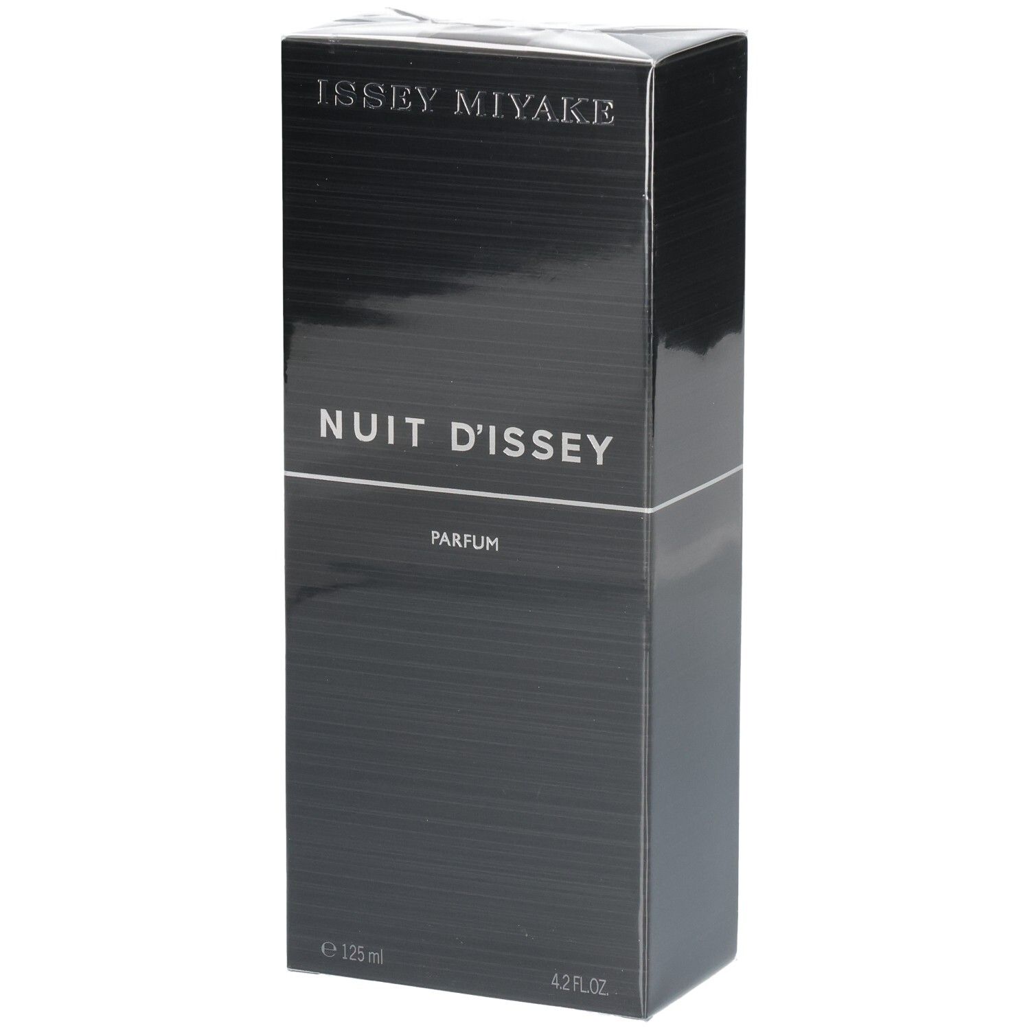 Issey Miyake Nuit d'Issey Parfum Karton, schwarz, mit Text.